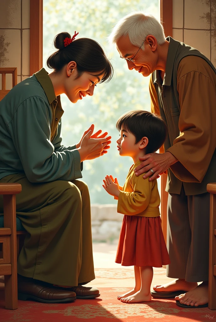 A boy seating silent in village house and his parents sitting with him mom catching his hand giving love to him