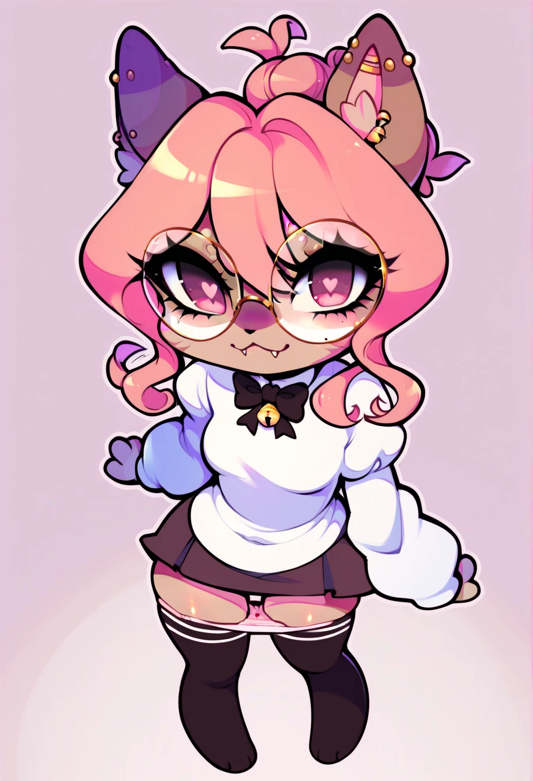 1 girl, Doll Fox Woman, Soft pink furry skin, Pink Heidi, Thick thighs, There is a long pink ribbon on the head, Pink heart-shaped pupils, Tight pink bikini,, Pink heart-shaped eyes，Big breasts_F罩Big breasts，fox，