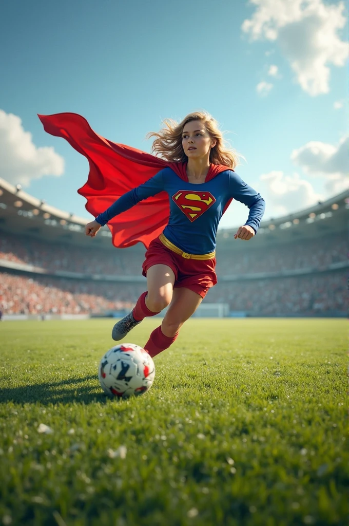 DC movies,full body,photo of a 18 year old girl,supergirl,kicking a soccer,happy,looking at viewer,ray tracing,detail shadow,shot on Fujifilm X-T4,85mm f1.2,sharp focus,depth of field,blurry background,bokeh,motion blur,motion lines,<lora:add_detail:1>,