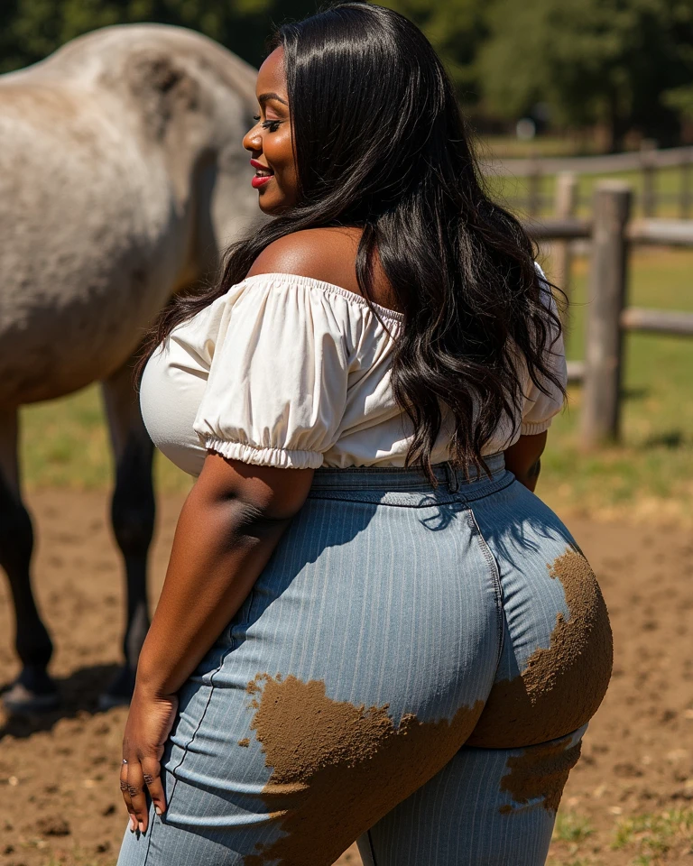 full side view of a very full-figured woman ((riding a big draft horse):1.2), booty shorts, jeans, yellow tank top, long hair, smiling, dark skin, . shallow depth of field, highly detailed, high budget, bokeh, moody, epic. grass meadow. ((cartoon style):1.3). anatomically correct.