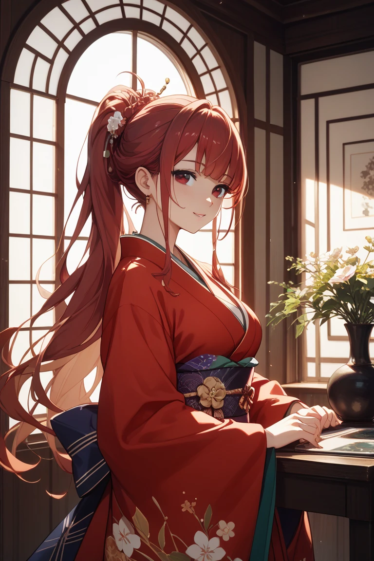 (otherworldly, otherworldly atmosphere, otherworldly appearance), highly insanely detailed, masterpiece, top quality, best quality, highres, 4k, 8k, RAW photo, (masterpiece, best quality, highres), <lora:loraH(DiffLoRA)_FaceShadowTweaker_v1_dim4:-2>, anime screencap, 
1girl, solo, 
<lora:chara_akfgz_v1:0.8>, chara_akfgz, red hair, red eyes, huge breasts, long hair, low ponytail, hair ribbon, yellow ribbon, 
smile, 
looking at viewer, 
dougi, white dougi, cleavage, 
japanese room, 
standing, looking at viewer, (fantasy world)