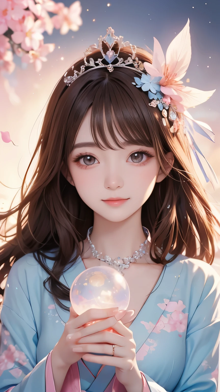 Her body and face are fully Front -facing, with her eyes gazing directly forward. Full Front 、Center、Body orientation: Front 、Front 、Center、South Korea人、 Japanese、 beautiful women、30th Generation、 looking at camera、Front -facing、line of sight Front 、 gorgeous、Wear only Charisma 、顔Front 、body Front 、 , Vertical Roll, Reddish brown hair、very long hair, The character is a young woman with a calm and soothing aura, dressed in a kimono blending soft pastel colors like lavender, blush pink, and light blue. She holds a Big crystal ball that sparkles faintly, surrounded by floating symbols of love, such as hearts and intertwined rings.  light blue and pink kimono 、Long Sleeve 、collar、With collar、 Unexposed 、 tiara 、crown、 princess、Castle、princess、 long hair、 gorgeous、pink dress、Heart's heart、Divine、 Fantastic、smile、Fluffy Waves 、goddess、 Hair Flower、confidence、Light、royal palace、 