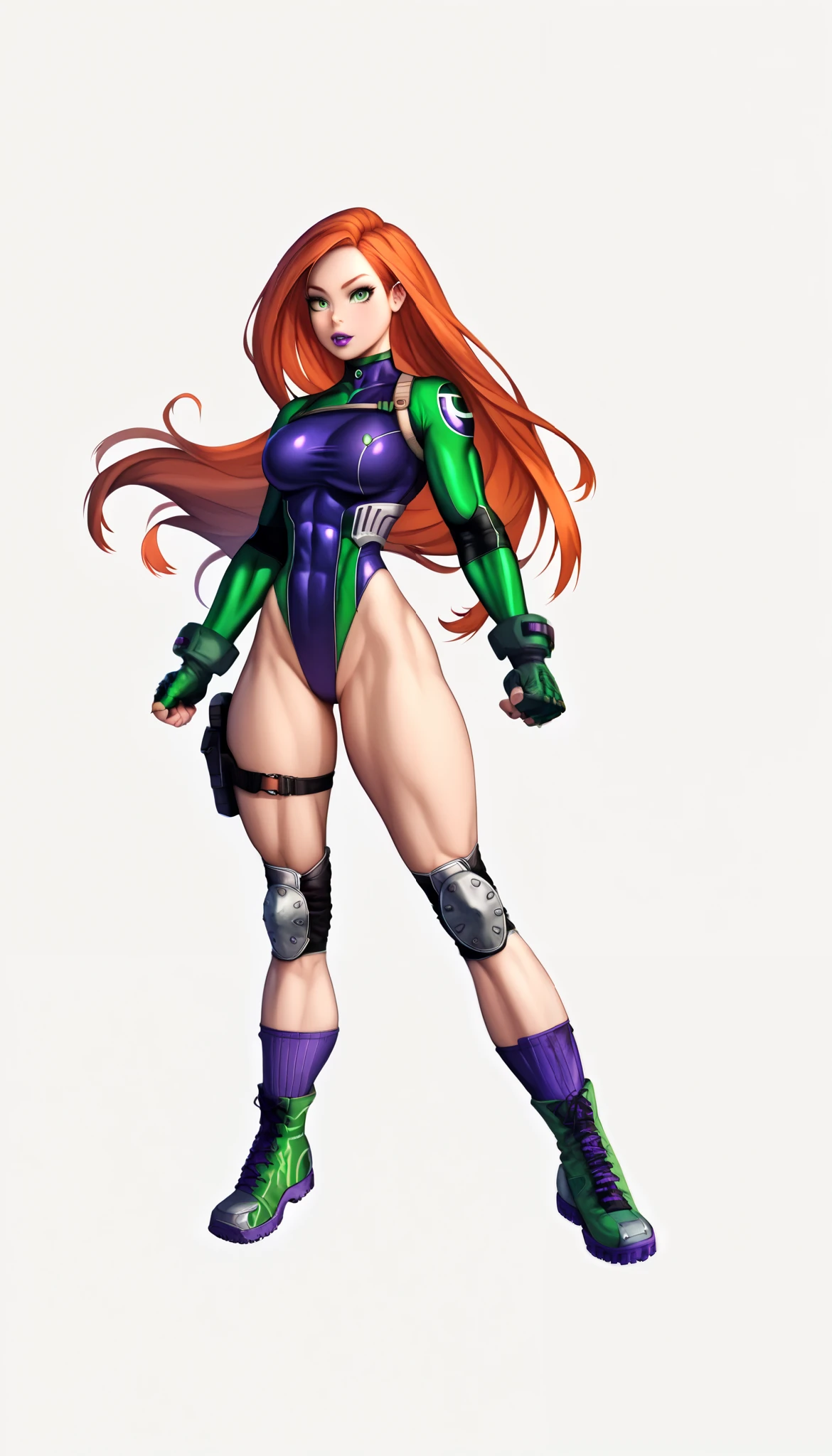 (My Hero Academia Style)), (Kimberly Ann Possible), (1girl), (((Solo))), (((Redhead))), (((long hair))), (((green eyes))), (((purple lips))), (((Green tight-fitting long-sleeved leotard))), (((Green tight-fitting leotard))), (((Long-sleeved tight-fitting leotard))), (((tight-fitting leotard))), (Bare legs), (((Wide thighs))), (((wide calves))), (((fingerless green gloves))), (((green gloves))), (((fingerless gloves))), , (medium breasts), (wide hips), (wide waist), ((Abs)), (((purple knee-high combat boots with metallic toe))), (((purple knee-high boots))), (((knee-high combat boots with metal toe))), (((purple combat boots with metal toe))), (((purple combat boots))), (((combat boots with metal toe))), (((purple boots))), (((boots combat knee-length))), (((Silver metal knee pads))), (((metal knee pads))), (((silver knee pads))), ((((knee pads)))), (((Full body photo:1.5))), (((perfect anatomy))), (((perfect hands))), (((perfect face))), (((super detailed))), (((cowboy bull:1.5))),