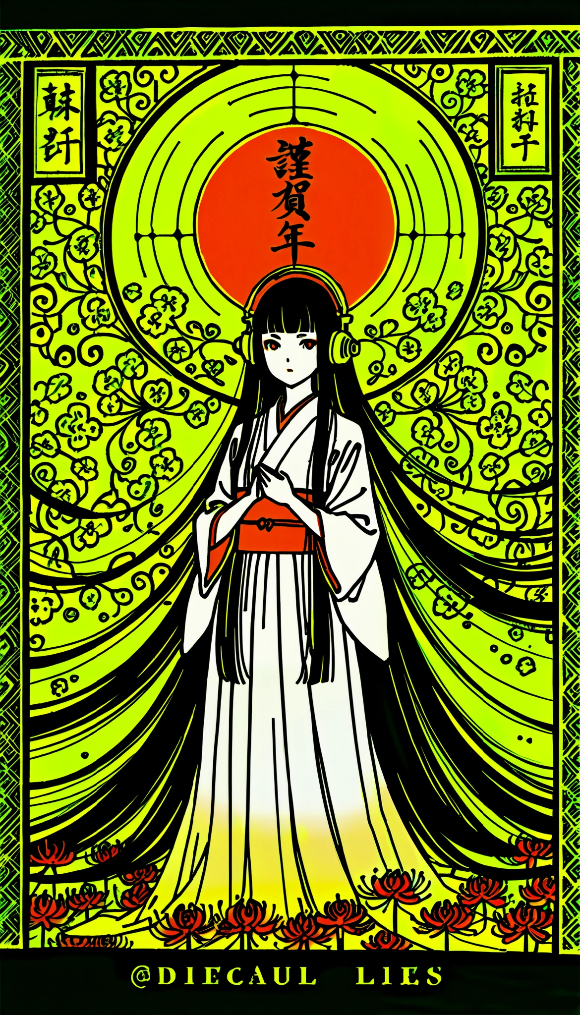  top quality, Hiroshige Utagawa, Ink painting, (((longhair))), (((pale red dress))), Japanese Headphones, Spider lilies,  beautiful girl,   black hair, Delicate and precise,  Modern Ukiyo-e Style ,
