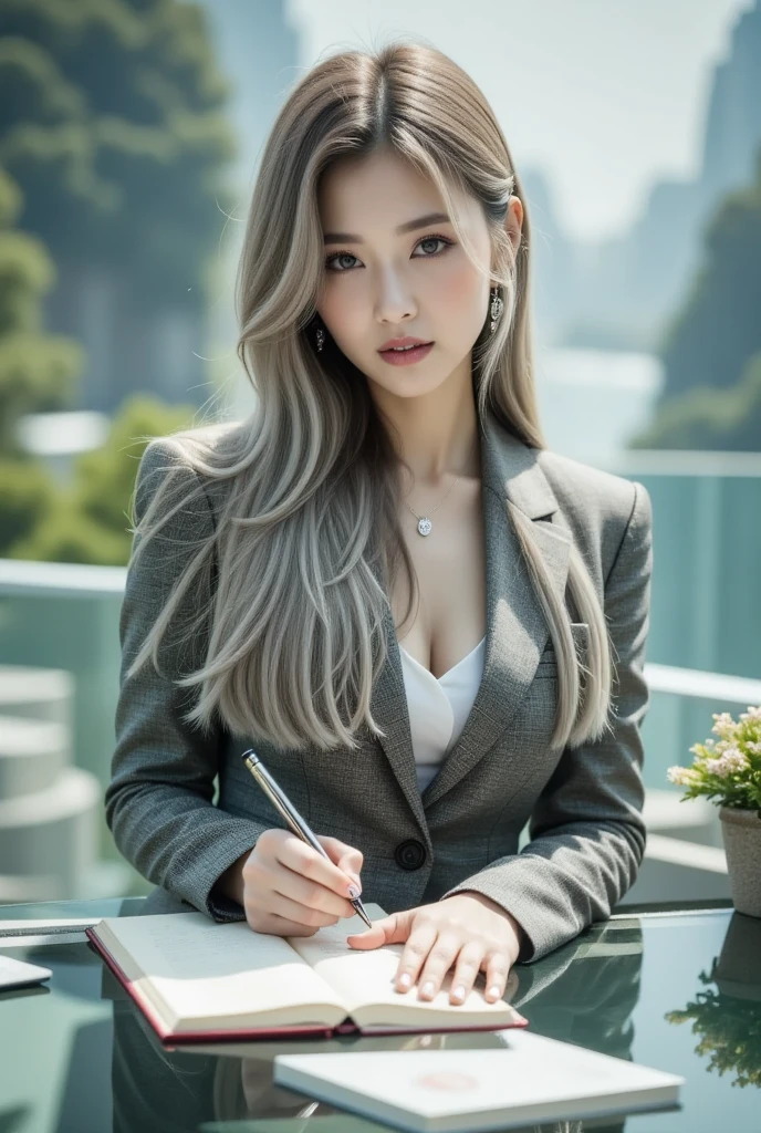 (masterpiece, best quality, ultra-high definition, 4K, crisp and clear, professional lighting, vivid colors, detailed texture, realistic rendering, sexy pose, woman in a business suit, busty blonde, curvaceous figure, hourglass silhouette, secretary position, typing on a keyboard, red lipstick, pearl necklace, blonde hair in a sleek bun, expressive eyes, confident and alluring, high profile company backdrop, minimalist background, sleek desk, immaculate office environment, sophisticated atmosphere, elegant and refined, intricate details, sharp contrasts, hyperrealistic)