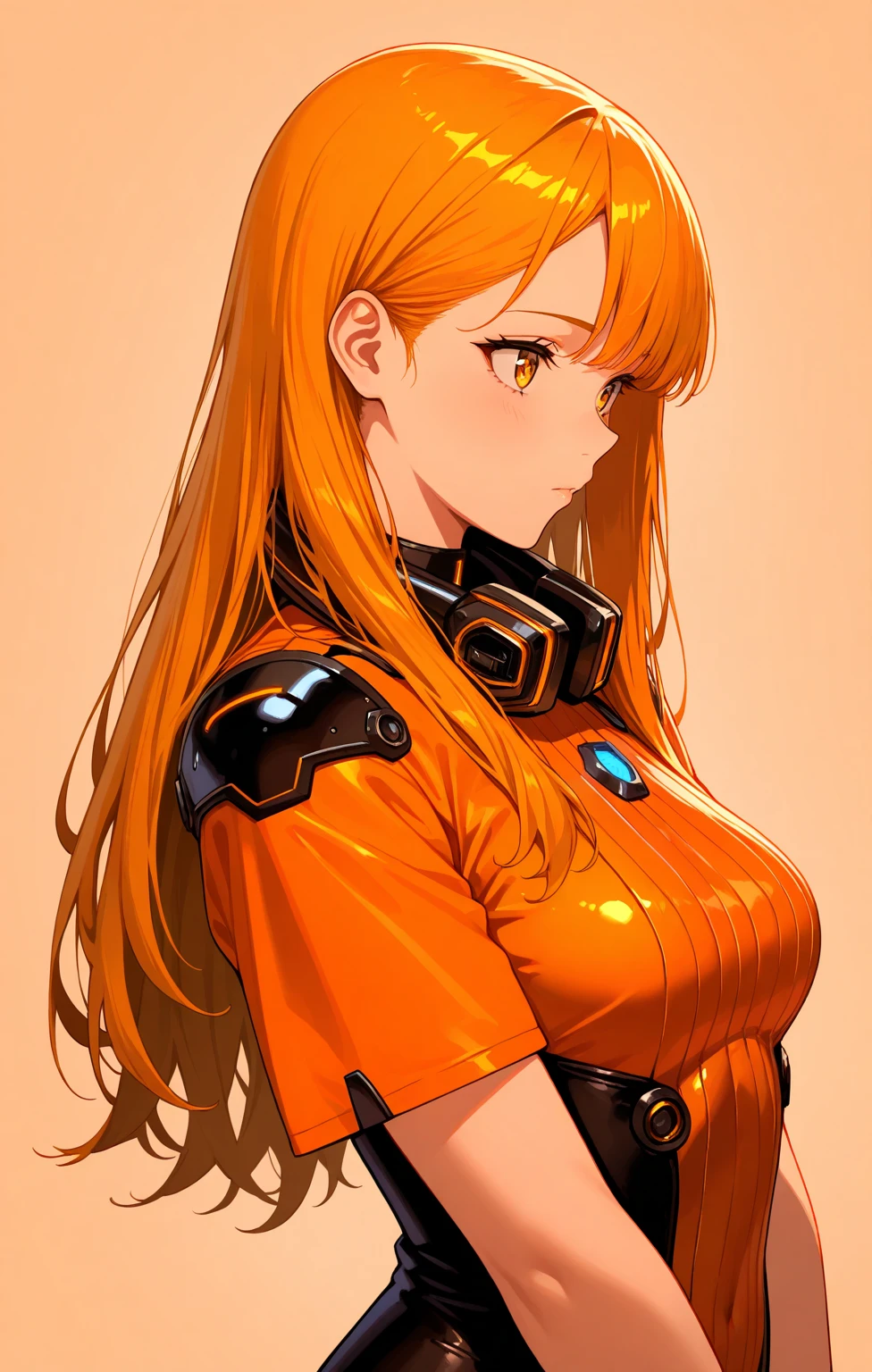 masterpiece, high quality, highres, 1girl, solo, <lora:ishmael-limbus-v4-wasabiya:1> ishmael, very long hair, orange hair, green eyes, freckles, horns, tactical armor, black bodysuit, red eyes, arms behind back, leaning forward,