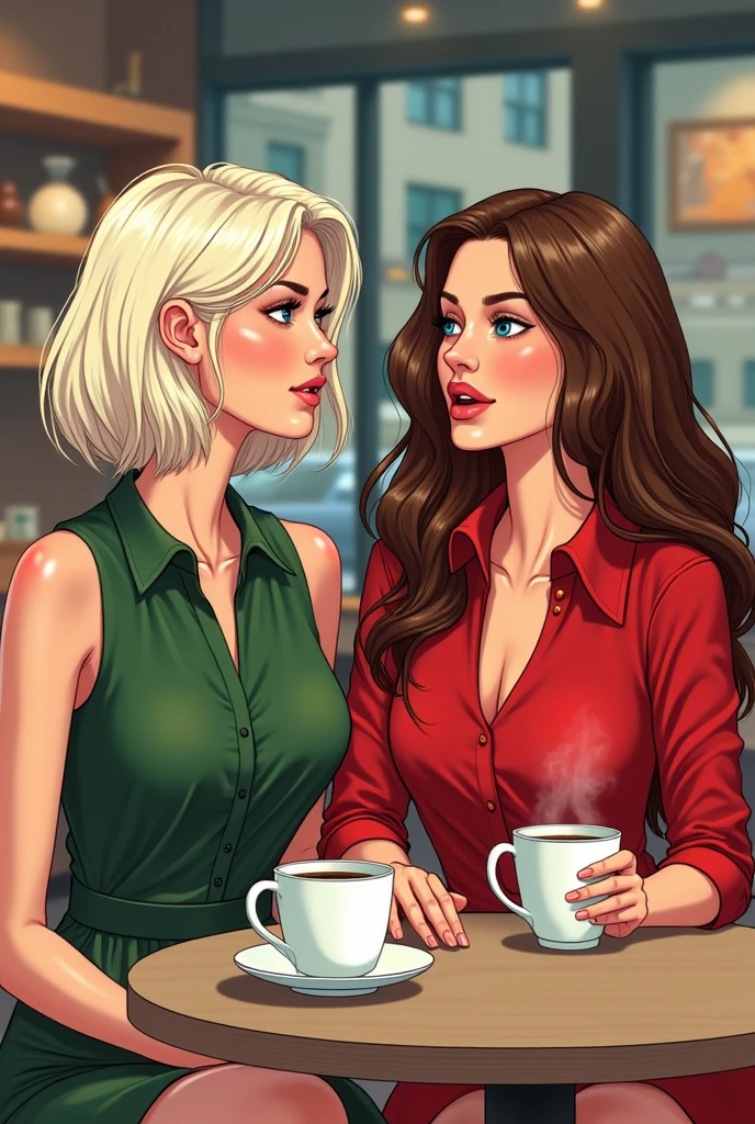 Bill Ward's art, illustrations, pretty girls, long hair, perfect glass hour body, huge breasts, super small waist, vintage tight sexy skirt, distinctly feminine features, smile, sitting in a street café in Paris over coffee