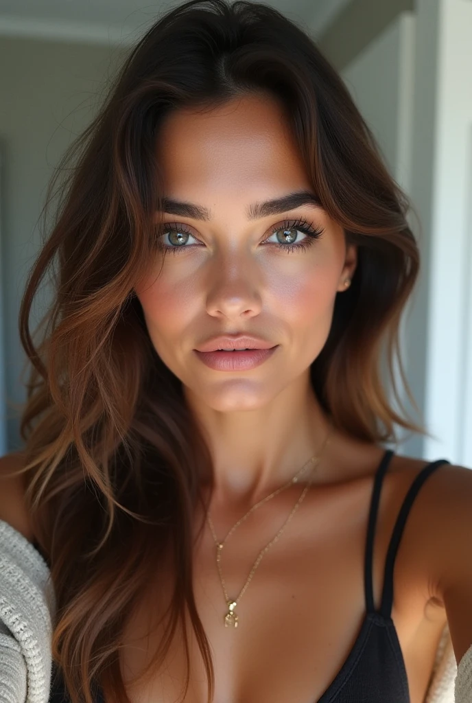 Femme arafed, fille sexy aux yeux bruns, Portrait Sophie Mudd, cheveux bruns et grands yeux, selfie d&#39;une jeune femme, Yeux de chambre, Violette Myers, sans maquillage, maquillage naturel, regarder directement la caméra, Visage avec Artgram, Maquillage subtil, Superbe photo du corps entier, clivage, assis à table, nude, big boobs
