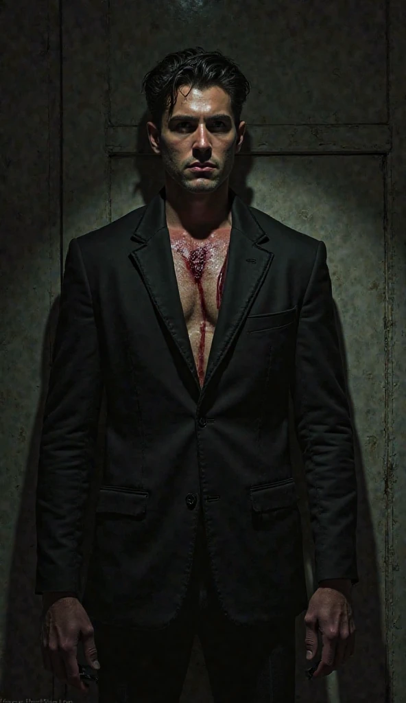 A person having 2 faces one innocent and one cold evil the second evil half face fully covered in blood and both his hands is wet in blood dip he is wearing a black bumper long jacket and a slim fit black pant and black leather boot and a slim chain of rudraksha around his neck