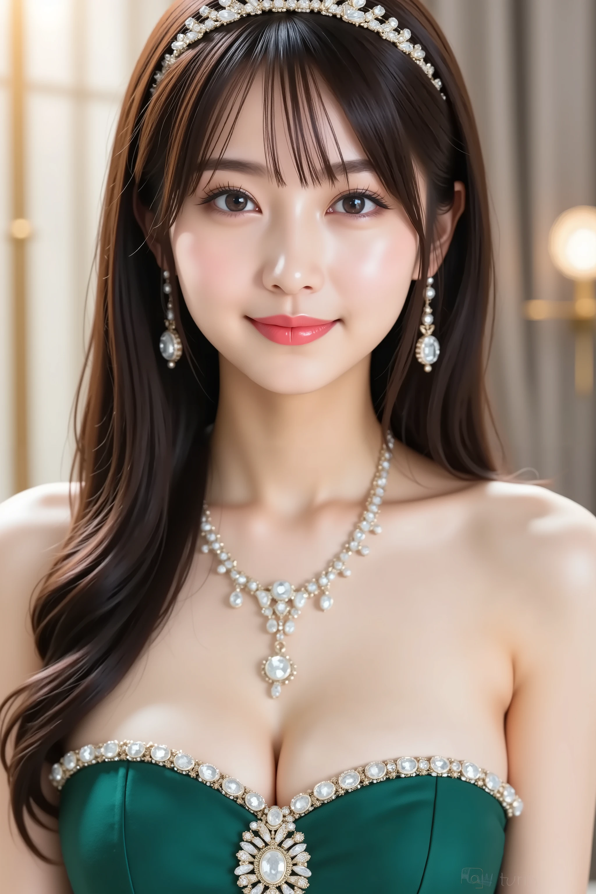 face positioned accurately in the center of the image, Upper chest, head is fully reflected with tight tension, face is clearly visible as a full body shot, green strapless dress with jewels, luxury backdrop with chandelier and luxurious jewelry, tiara、 necklaces and earrings 、long hair around my chest, Bangs, smile, young and cute Japanese face, Official Art, high quality CG Unity 8k wallpaper, Ultra high quality, very detailed, high quality, FILM GRAIN, lens flare glow, top quality, 8k, snowy black fur coat as a, 8k, viewer, masterpiece, top quality, very detailed, it's cute, sexy, very detailedな, Detailed Features , beautiful, illustration of a woman having a penis, beautiful Japanese woman, Women's 1, tight breasts
