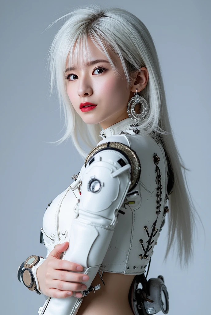 (8k, RAW photo, best quality, masterpiece:1.2), (realistic, photo-realistic:1.37), ultra-detailed, wallpaper, 1girl, cute, look-like (Watanabe-Mayu), detailed face, (cyborg eye), (shag short hair),(complex 3d render ultra detailed of a sci-fi white-iron suit:1.2), (android face:1), (cyborg), (robotic parts), (luxurious cyberpunk), (hyperrealistic), (anatomical), (cable electric wires), (microchip), (robot), (silver halmet), (Sit upright in an office chair), (full-body:1), detailed office, morning, professional lighting, cinematic lighting, photon mapping, radiosity, physically-based rendering, <lora:japaneseDollLikeness_v10:0.5>