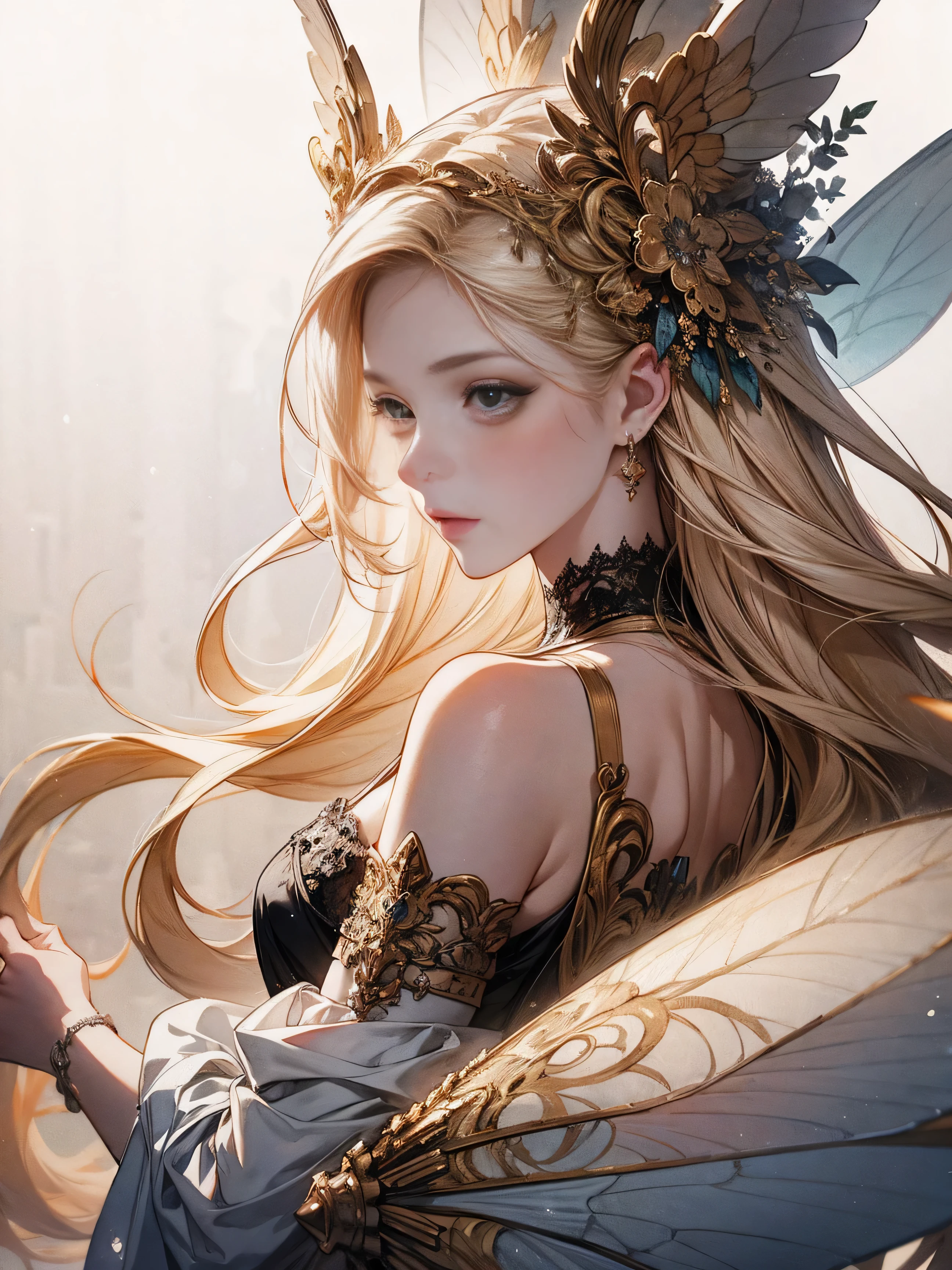 ((best qualityer)), ((work of art)), ((cinematic)), (detailded), blonde Greek princess, wearing an ancient Greek cloak, butterfly wings, , surrounded by flowers, She has a serene look on her face., rosto super detailded