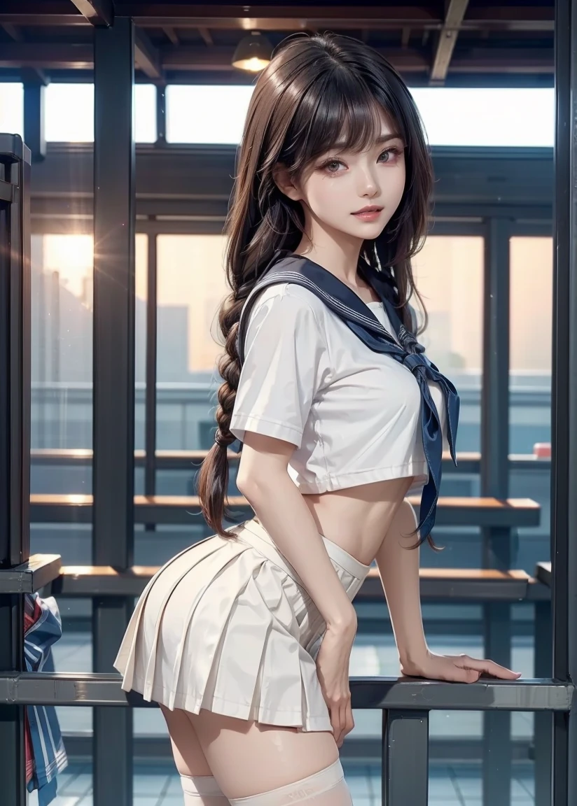 Two people standing in the schoolyard,High Rise Full Back Speed Style Navy Blue Brief,White school gym shirt,1,bangs,A small smile,Thighs,share,knees,Shortcuts,ponytail,From below