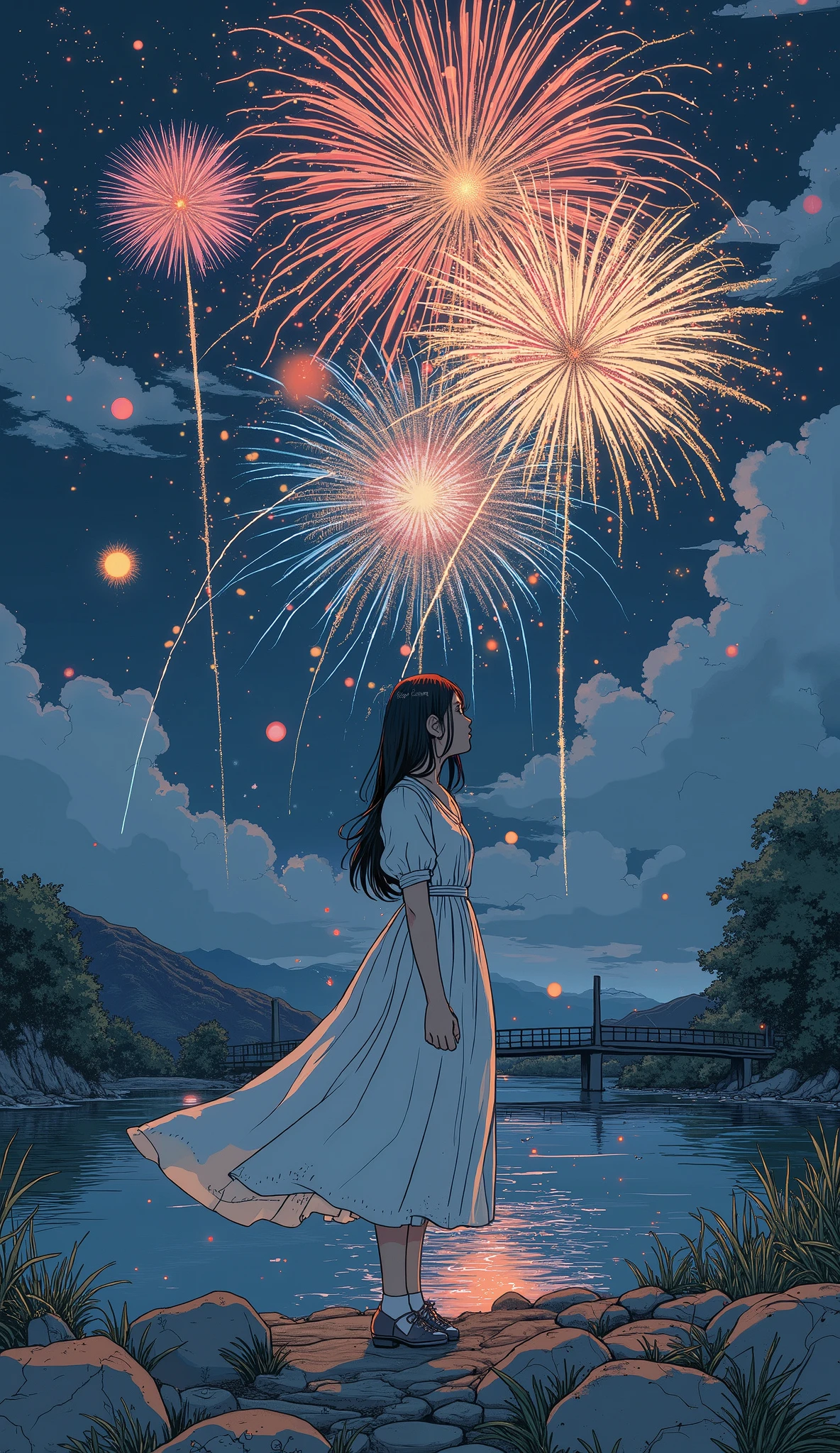 空に Fireworksがある堤防にに立つ白いドレスの女子高生, Paintings by Eizan Kikugawa, aesthetics, [ 空に Fireworks ]!!, 背景にある Fireworks, 背景にある Fireworks,  Fireworks,  Fireworks,  Shining in the Air  , 