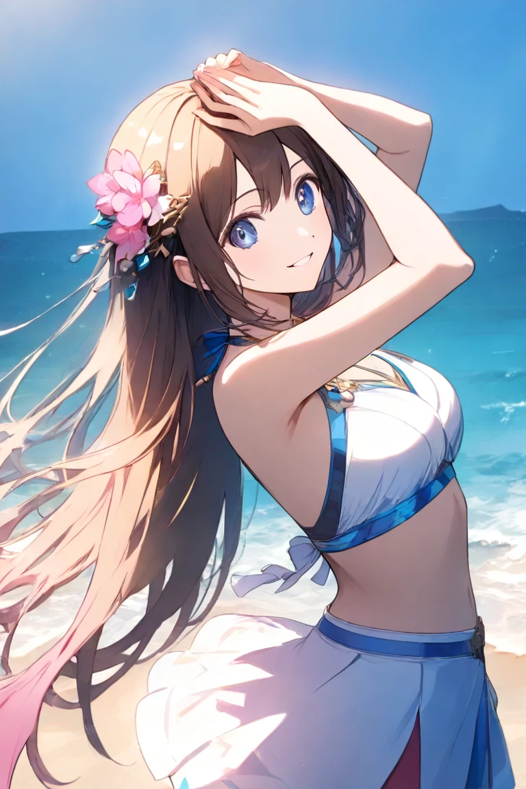 (1_girl, masterpeice, cleanbeautiful:1.6), energetic, (anime:1.5), (soft:1.8), (young:1.5), (cute, beautiful:1.8), (extremely_delicate, delicate:1.8), (thin:1.3), (beautiful:1.3), (beach_background:1.5),  (soft__clear_pink_eyes, dark_long_brown_hair:1.8), (wearing_pink_bikini, wearing_thin_white_gloves:1.5), (maid), soft_chin, (no_outlines:1.5), (cute_soft_smile:1.4), age_fits_body, (small_thighs, thin:1.3), (love_magic:1.5), (eye_level:1.3), (slim_body:1.3), (breasts), (love, love_magic, aphrodisiac:1.8)