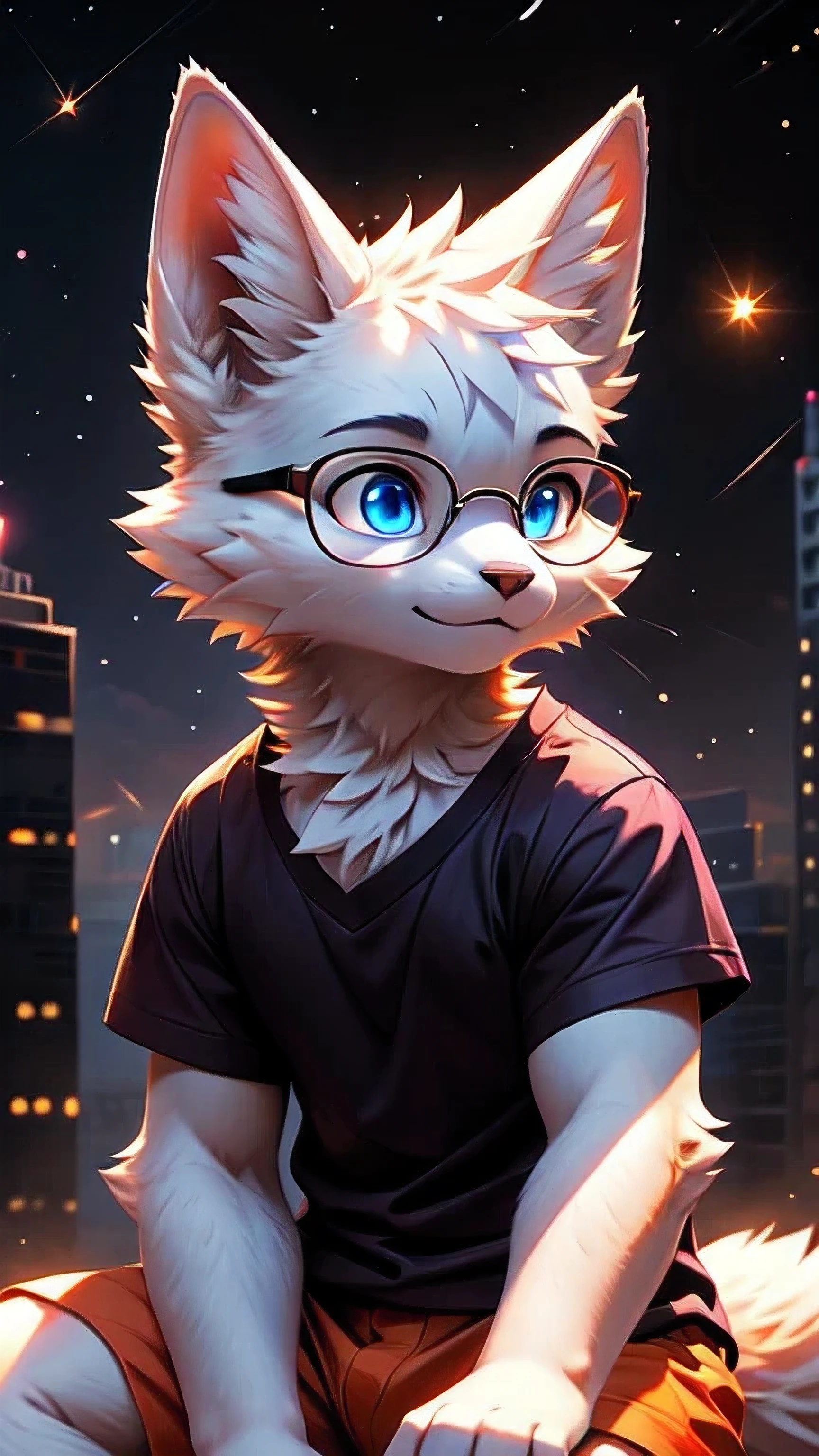 3d，male man boy ,, a white arctic fox and wolf cat（Cat face ）, portrait，Sitting on the city roof in the middle of the night, meteors fly all over the sky and the moon, natural lighting , Complex background， Extremely detailed face and facial features , Beautiful blue eyes and ears , Fluffy white fur , white body , furry white tail，Wearing a short-sleeved shirt, barefoot, masterpiece, best quality, 8,000, Super Fine , actual , photo actual , Photographic Realism , purple bodice short sleeve，Orange Bottom Shorts ， Brightly Colored , sharp focus， black glasses