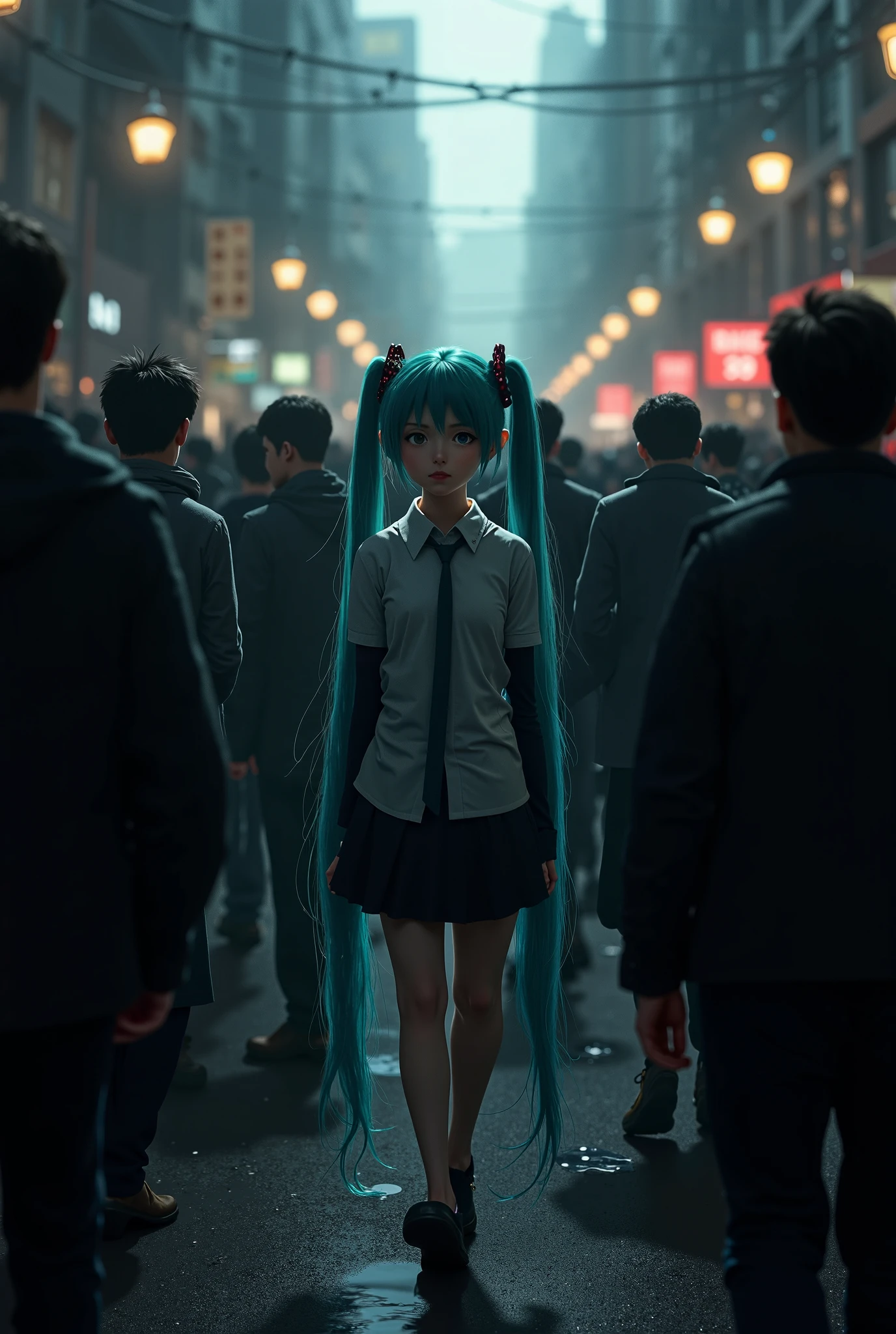 Anime girl with blue hair walking in a crowded city street - SeaArt AI