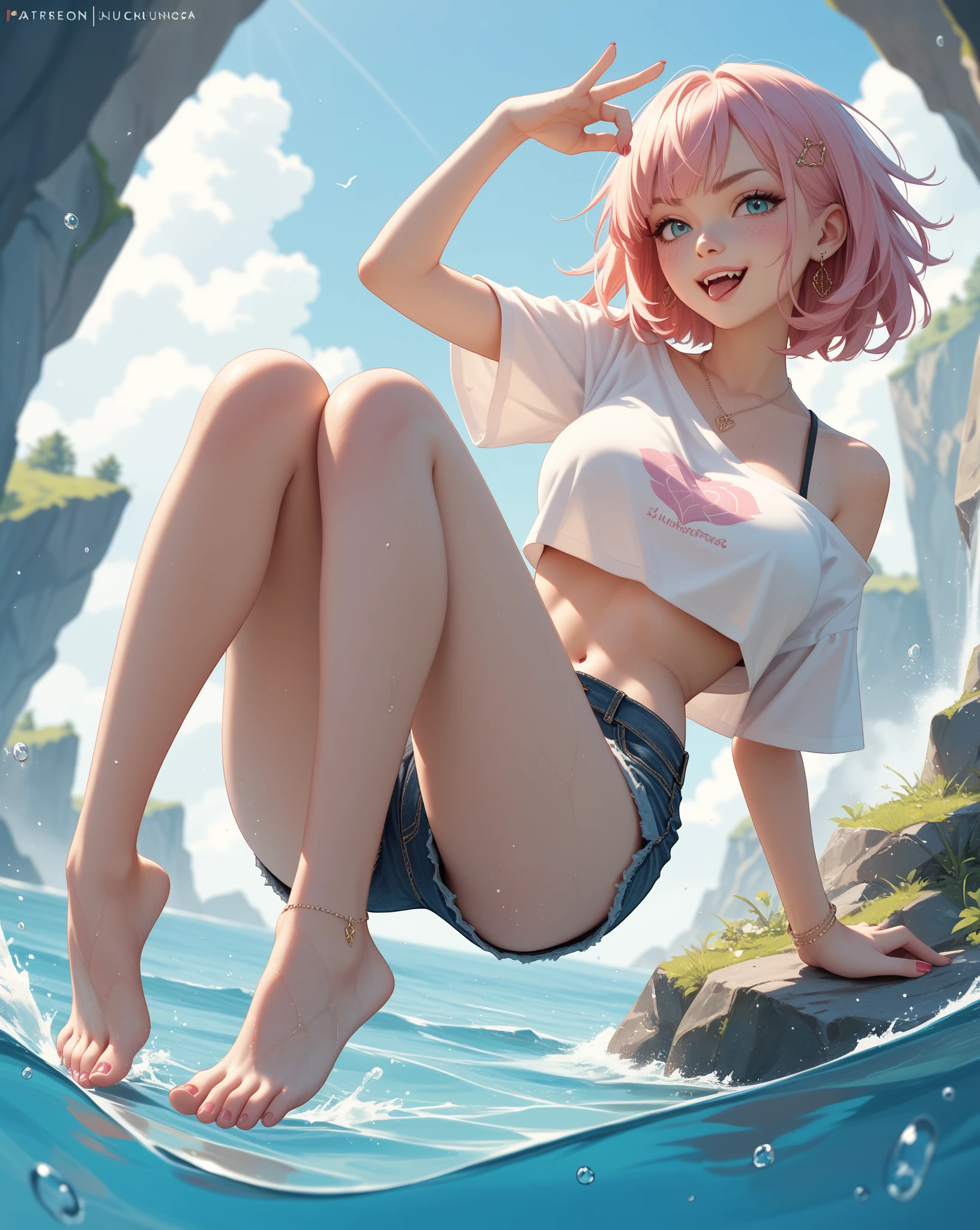 (crop top,:1.3), (photorealistic:1.4), (best quality:1.0), (ultra highres:1.0), 8k, RAW photo, (masterpiece:0.5), ultra-detailed, close short, beautiful skin, ultra detailed skin, looking at viewer, (full body: 1.5), (short hair: 1.4), smiling, (white hair: 1), blushing, water detail, sky detail, wet, depth of field, alps, { best quality}, {{masterpiece}}, {highres}, extremely detailed 8K wallpaper, (1 girl:1.5), {very delicate and beautiful}, ocean, thin legs, thin waist, (street view,:1.4) , big breasts, field, light, cross-legged, walking, (from behind: 0.7), big butt, (shorts: 1.3), golden contact lenses, eyelashes, eye shadow, refreshing body, puberty, (delicate skin: 1.7), perspective , raise your legs high, --auto --s2