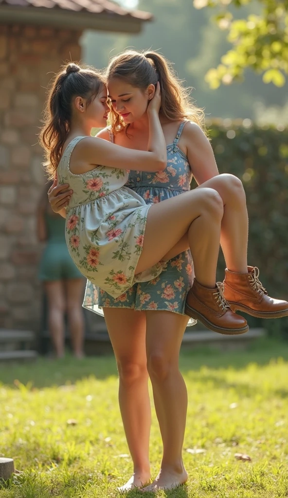 lustful scene in a dimly lit park, where a ((5-year-old baby girl)) is having fun in a sexual act with mother, sister standing a few feet away, watches on with an intensely lustful expression. The sister, unable to control her own sexual desires, becomes aroused by the sight and begins to touch herself, moaning in pleasure