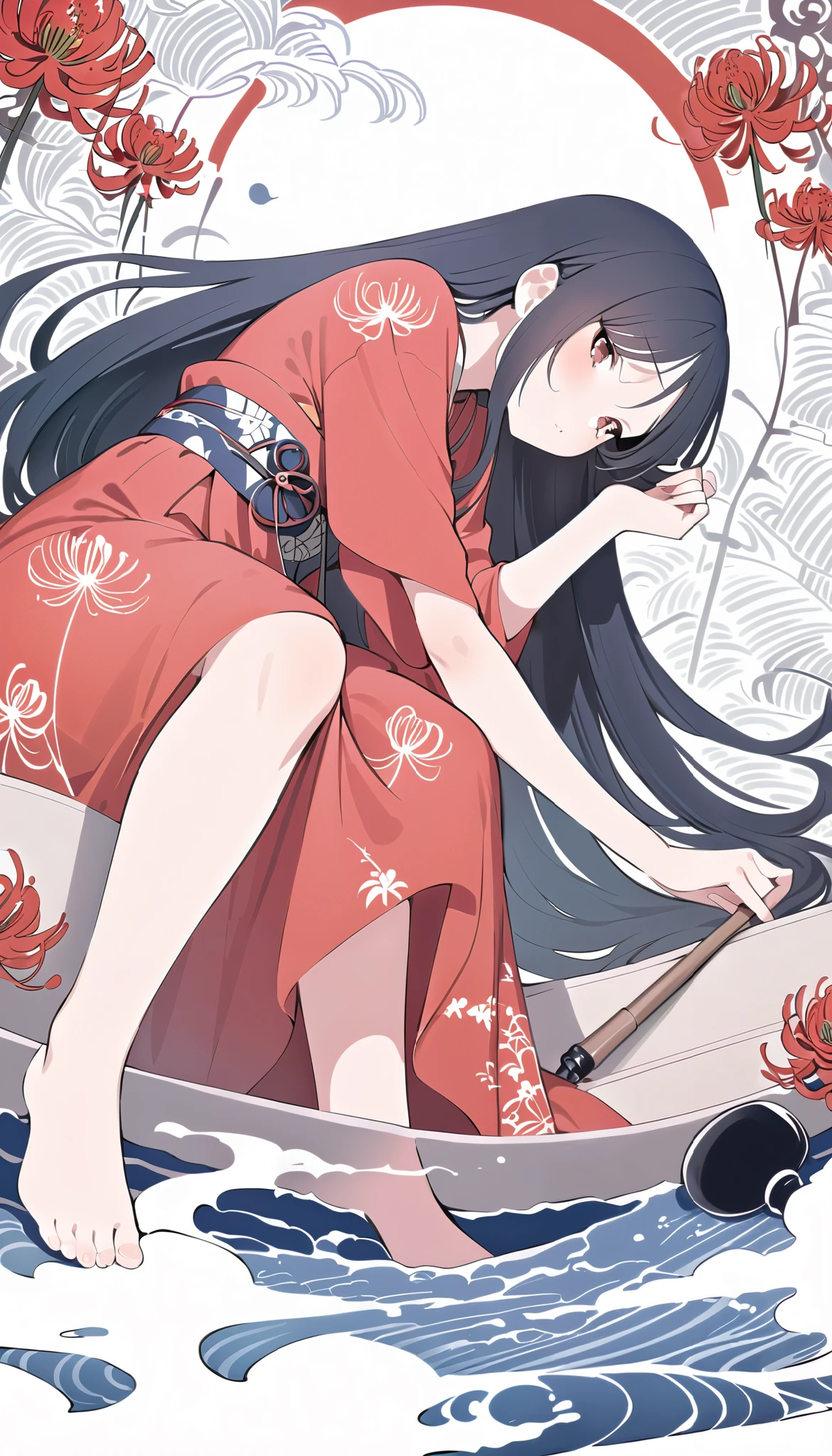 top quality, Hiroshige Utagawa, Ink painting, (((longhair))), (((pale red dress))), Japanese Headphones, Spider lilies, beautiful girl, black hair, Delicate and precise, Modern Ukiyo-e Style ,