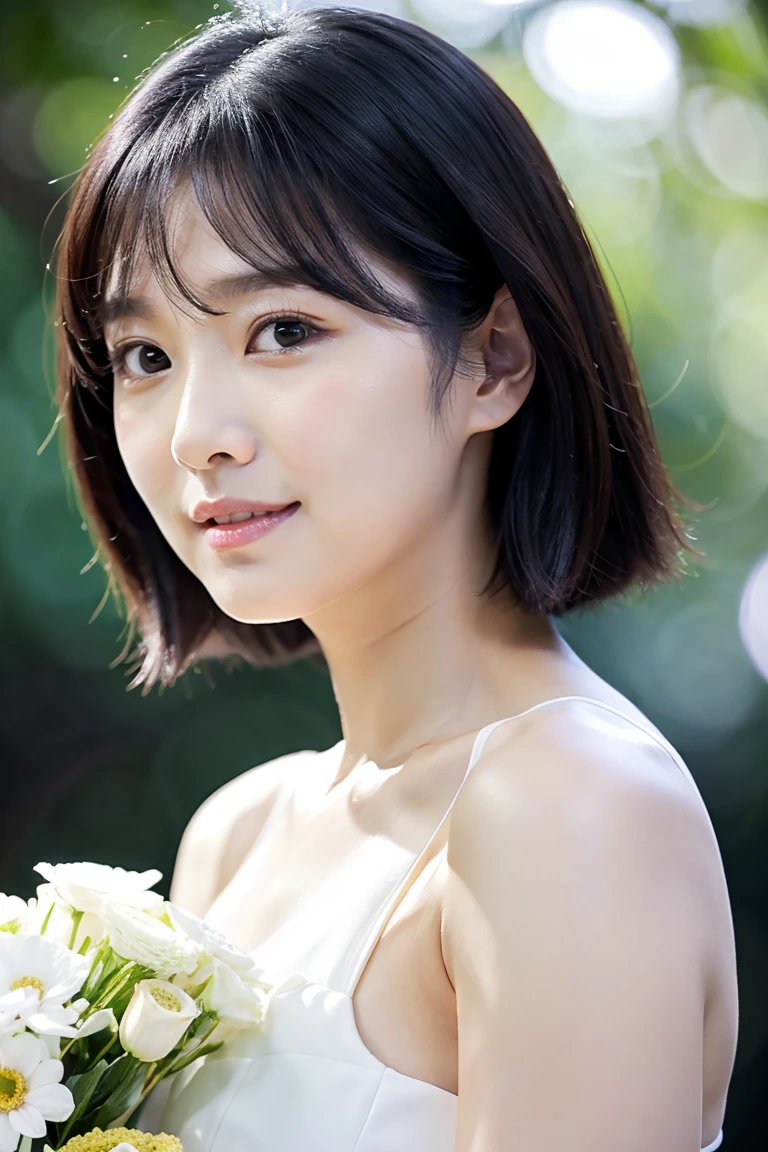 (photorealistic:1.75), (NSFW:0.5),(masterpiece,Ultra HD:1.5), A mesmerizing of an alluring Japanese girl, featuring intricate and lifelike facial details, particularly her enchanting (symmetrical clear ultra beautiful eyes:2.0) and exquisite lips. (Her face is ultra cute and idol-like:2.0).She wears natural makeup.She has small breasts and a slim waist.Her expression radiates a natural and youthful charm, emphasized by her long and voluptuous eyelashes. She is ladylike. Adorning her face is a fashionable, Short haircut that shimmers with a gentle sheen. Her flawless complexion resembles delicate porcelain, exuding an aura of graceful perfection. The symmetry and refinement of her facial structure accentuate her inherent beauty.

An illuminating big smile graces her countenance, capturing her cheerful and optimistic spirit. Her body possesses ideal proportions, boasting an ultra-slim and graceful waistline. Delicately slender hands and feet further highlight her elegance. (She is wearing a simple and thin lace all white camisole:1.5).

The portrait is rendered in a photorealistic style, capturing every detail and evoking a sense of realism. The colors used are vibrant and lifelike, breathing life into the image. Soft and warm lighting envelops the scene, casting a gentle glow on the girl's captivating features. Every detail, from the intricate highlights to the subtle shadows, has been meticulously crafted to enhance the overall realism of the portrait. The level of detail is astonishing, allowing viewers to appreciate the fine nuances and textures of the subject.