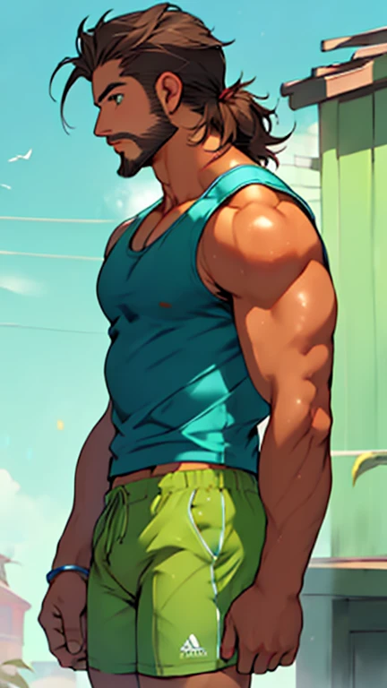 1man, solo, (muscular man, male,mature man, short brown hair, messy hair, facial hair, light green eyes, blushing, standing, tanktop, green shorts, blue sneakers,), illustration, cel shaded, masterpiece, Accurate, Best Quality, Award Winning, High Details, HD, High Quality, Textured Skin, perfect eyes, perfect lips, perfect nose, profile face