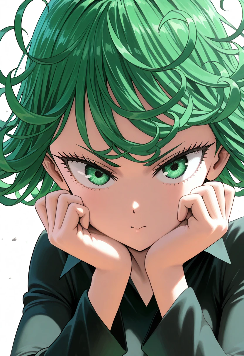 [artist: murata yuusuke], anime screencap, master piece, detailed eyes, solo,looking at viewer, eyelashes, tatsumaki(one-punch man), cute expression, green hair, short hair, wavy hair, small stature, floating hair, looking at viewer, long sleeves, soft lighting, white background