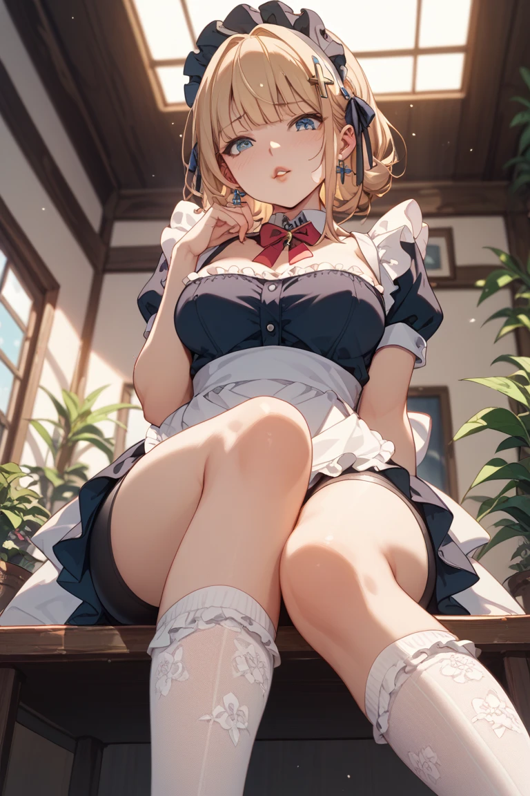(Best quality, 8k, 32k, Masterpiece, UHD,:1.2),RAW, human, 1girl,ultra cute , ultra cute, natural lighting, transparent shining eyes, 20yo, medium breast ,femur, fair complexion , flushed face, ,Homemade Country Dress,long-sleeved dress in muted colors, Handmade apron for practicality and style, sturdy fabrics like cotton, Happily Smiling, ((sitting with legs outstretched)), on sofa, emerald green, From the front and above, Closeup shot, Cleavage Cutout, blonde ponytail, arms between legs, emphasizing the Cleavage, breast shot, heart, off-shoulder