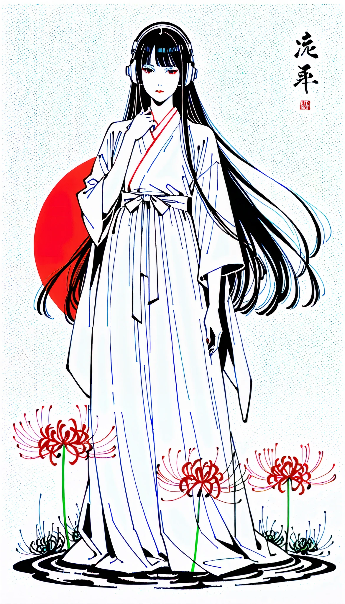 top quality, Hiroshige Utagawa, Ink painting, (((longhair))), (((pale red dress))), Japanese Headphones, Spider lilies, beautiful girl, black hair, Delicate and precise, Modern Ukiyo-e Style ,