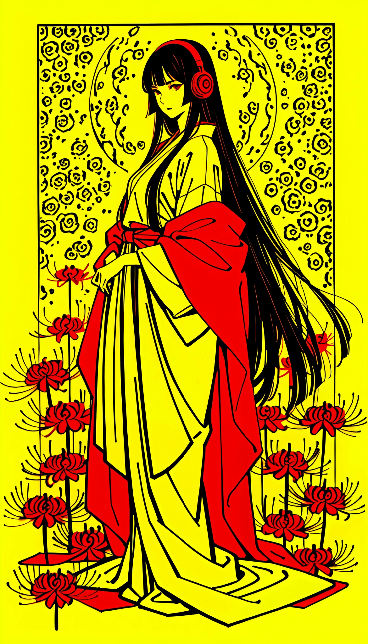 top quality, Hiroshige Utagawa, Ink painting, (((longhair))), (((pale red dress))), Japanese Headphones, Spider lilies, beautiful girl, black hair, Delicate and precise, Modern Ukiyo-e Style ,