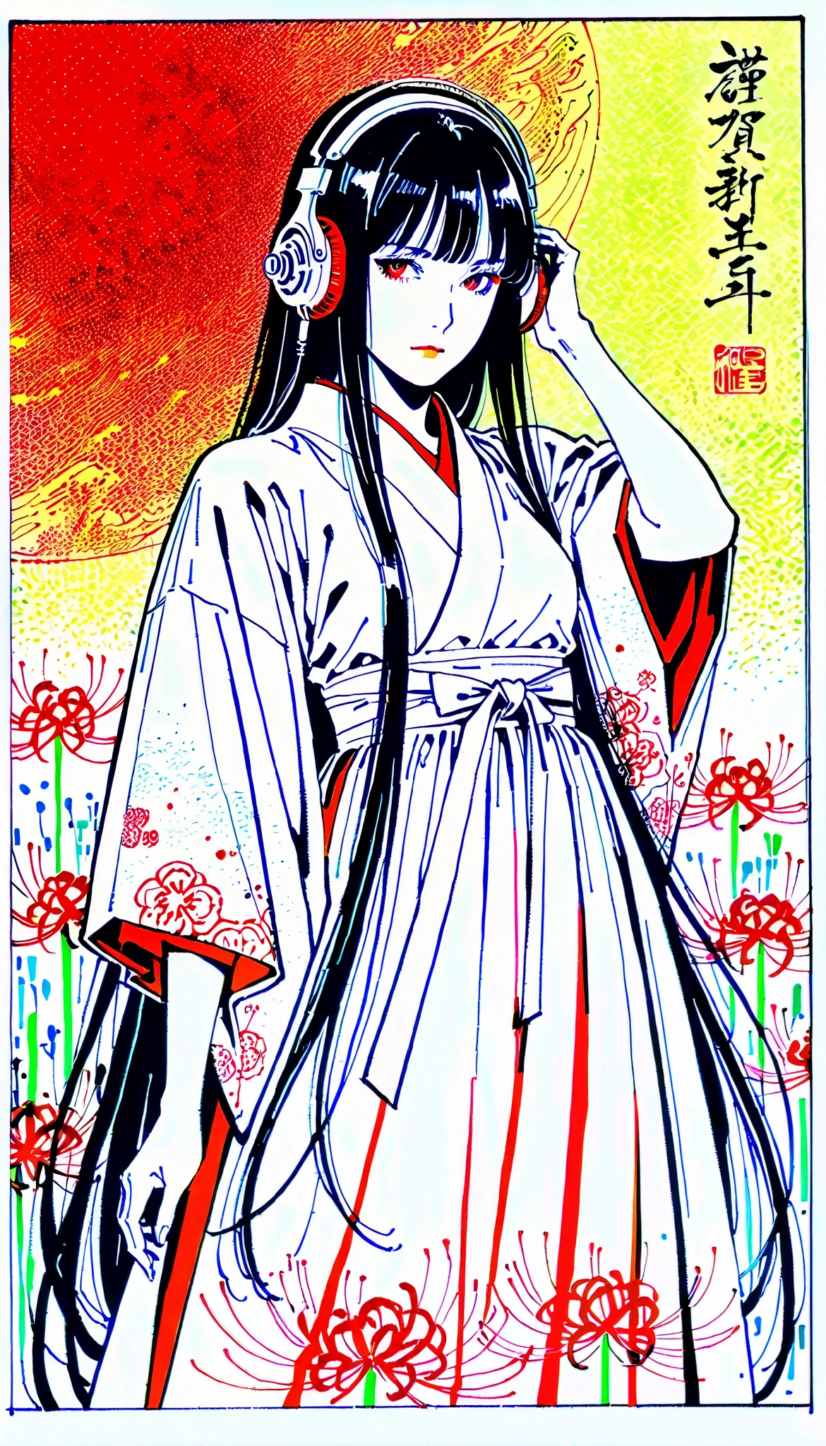 top quality, Hiroshige Utagawa, Ink painting, (((longhair))), (((pale red dress))), Japanese Headphones, Spider lilies, beautiful girl, black hair, Delicate and precise, Modern Ukiyo-e Style ,