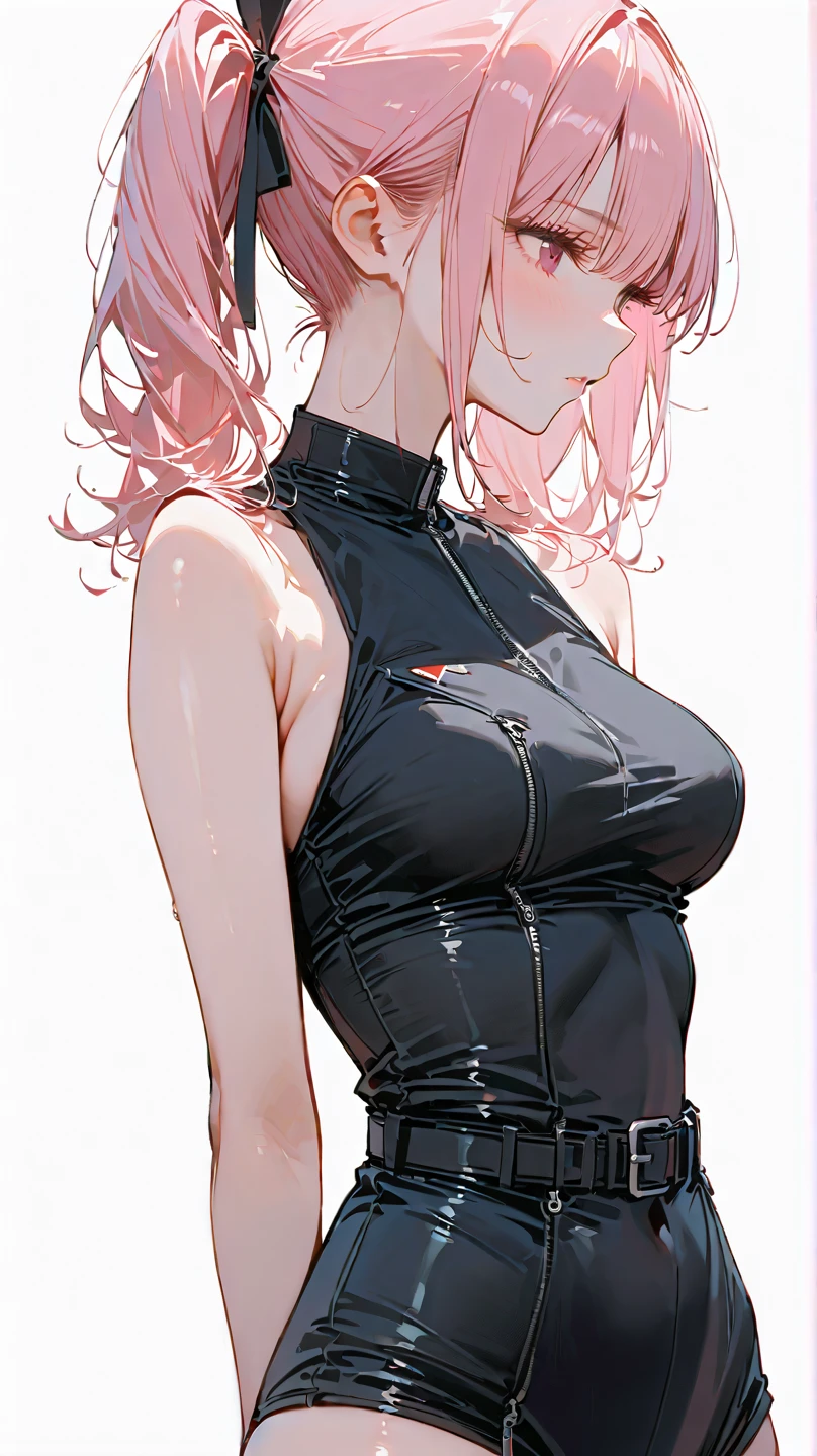 (best quality:1.5, highres, UHD, 4K, detailed lighting, shaders), white curly floral haired, gradient hair, large breasts, suit, T-shirt, social shirt, short skirt, mature woman , (pov), white background, colorful eyeshadow, dramatic lighting, sparkling eyes, sensual expression, golden earrings, flowing hair, delicate facial features, brown skin, high cheekbones, urban setting, black background, dont look for the camera, lean forward, behind the camera