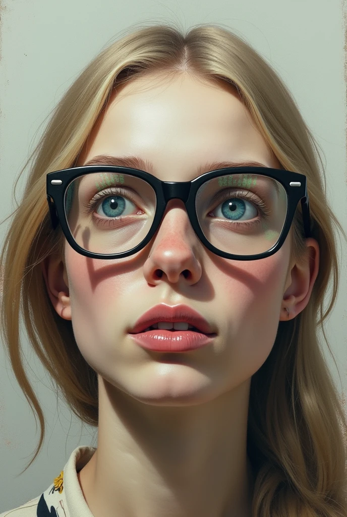 glasses, Sharp Focus, HaileyGrice, close-up:1.4, low key lighting, shot on Lumix GH5, cinematic bokeh, 2buns haircut, minimalistic background, sharp cheekbones, teasing, detailed skin, wrinkles, moles, naked full body , standing