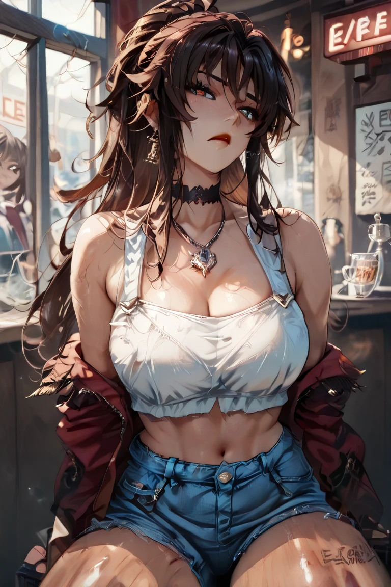 (masterpiece:1.2), (best quality:1.2), Perfect eyes, Perfect face, Perfect lighting, 1 boy, aldult, Smile, Long red hair, Straight Hair, Exquisite hairstyle, fashionable, One-piece off-shoulder long shirt, Strip printing, Jewelry, necklace, earrings, armband, Lace necklace, belt, Low-rise black jeans, Thick eyelashes, cosmetic, Eyeshadow, Detailed shopping mall background, crowd,glowing crack, skin breakdown, broken skin, Skin damage, broken skin,huge , Crazy breast swelling, Chest larger than shoulder blades, Big breasts and thin waist,(huge breasts:1.2),Hydrated skin((rogue))((非常huge乳房)),((Grooves reveal original skin))