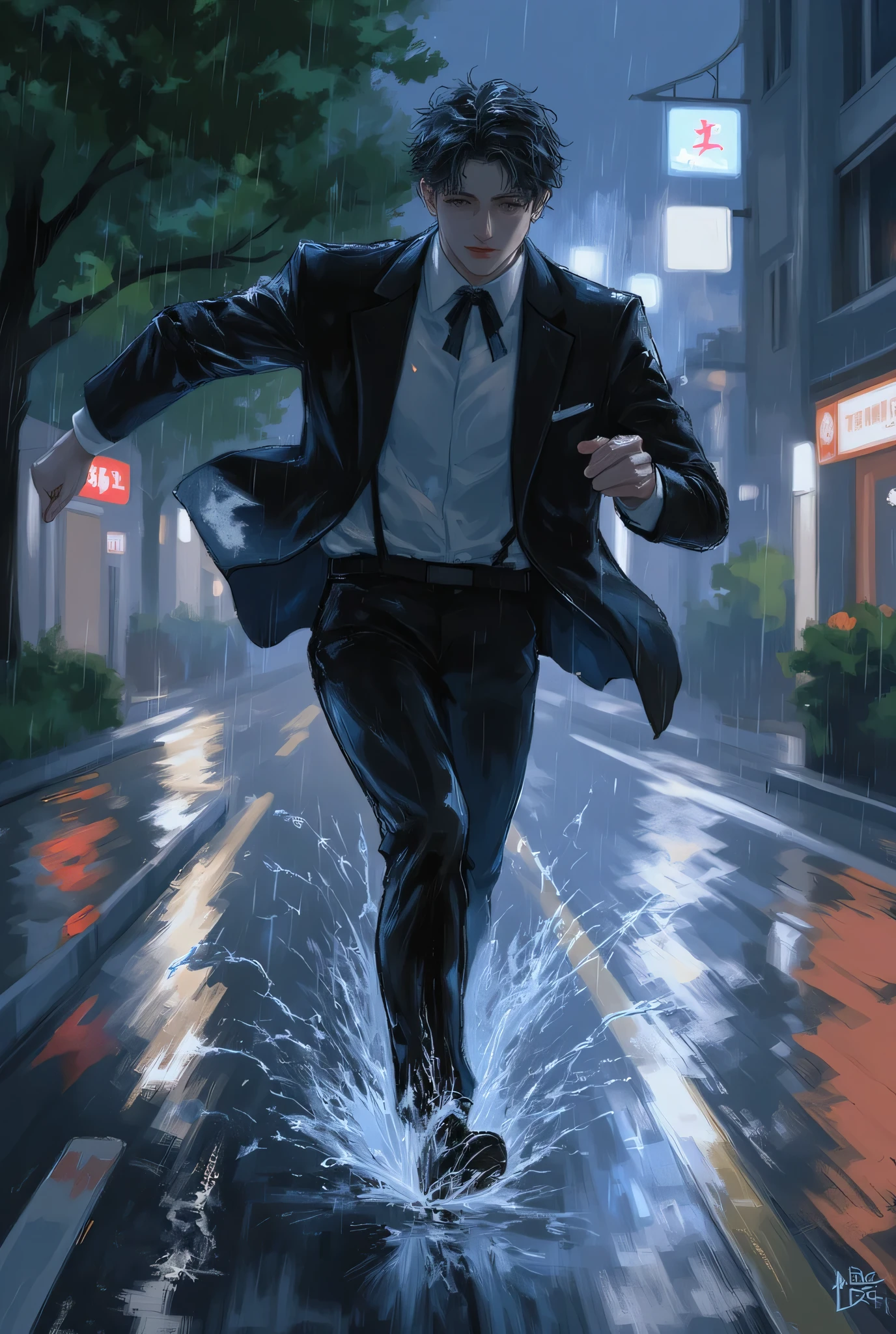 (((a man running at high speed))),23yo,tuxedo,
(oil painting),(blurred background),(best quality,anime),
lively movement, motion blur effect, intense speed,
sense of freedom, joyful spirit.
rainy,in rain,running,at night,