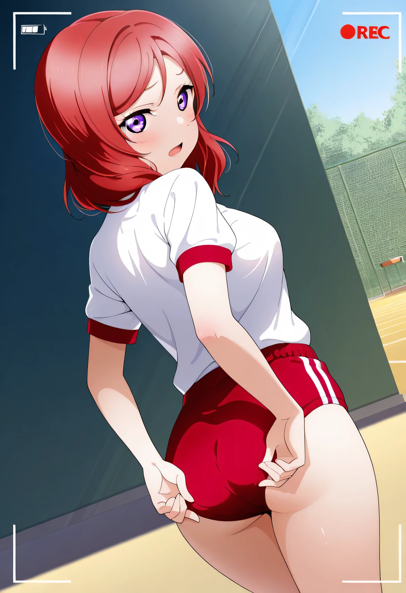 masterpiece, best quality, 1girl, solo, lovelive_maki,white shirt,red buruma, breasts, red hair, medium hair, purple eyes,embarrassing,looking at viewer, open mouth,(back),standing,((adjusting buruma)),(school yard),(duch angle ),((recording)),