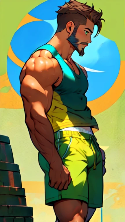 Male, tall, Latino, skinny, long hair, brown hair, ponytail, big chin, yellow t shirt, red shorts, green baseball cap, brown eyes, fat ?????, very long ?????, uncut ?????, foresking, pubic hair, one prosthetic leg, massive ????? , soft penis, huge bulge, ???? slip, solo , skinny, dark tan skin, sitting