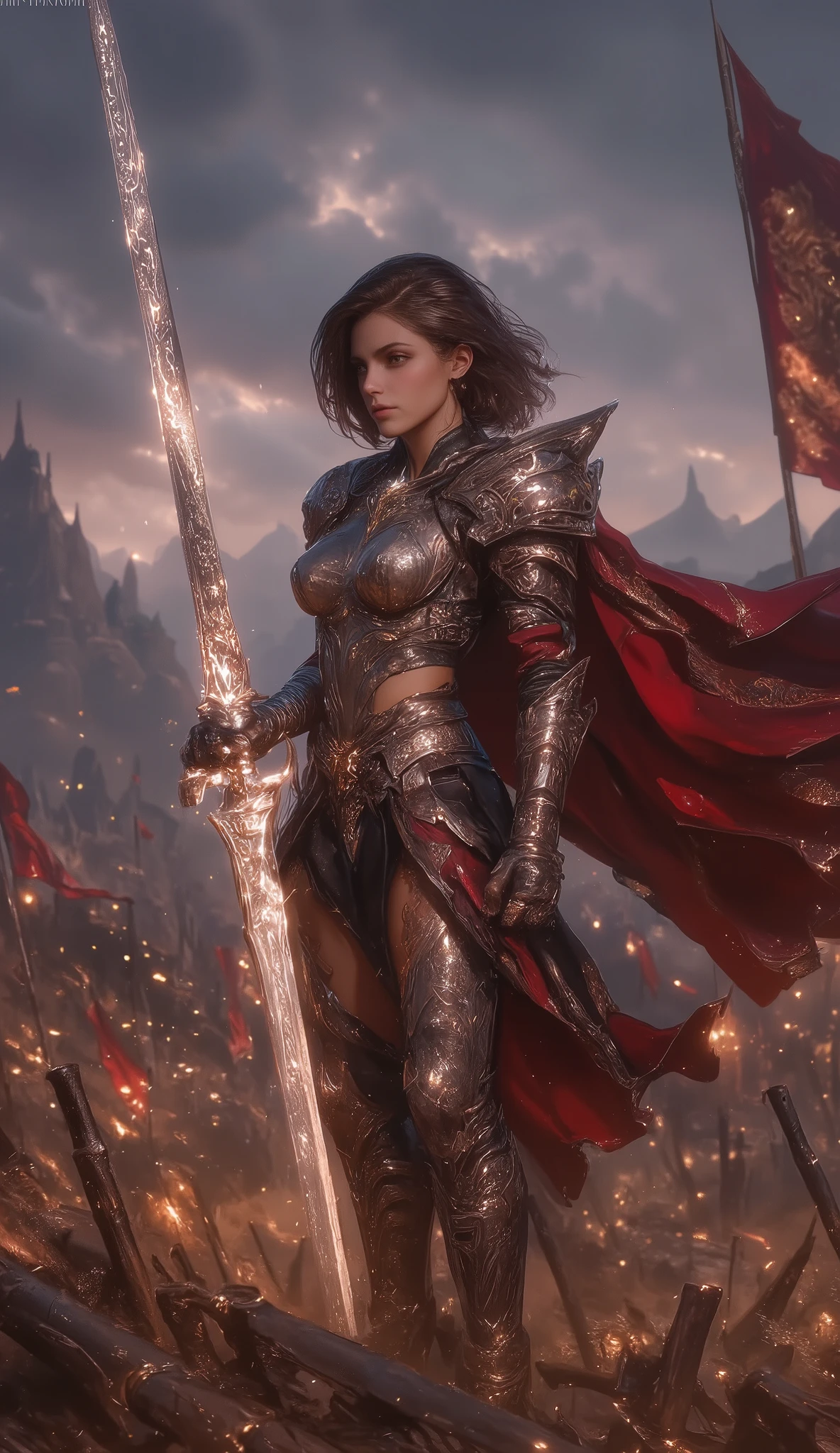 ((Masterpiece, top quality, high resolution, highly detailed CG unified 8K wallpaper)), a fierce and elegant female warrior standing amidst a battlefield at dusk, her sword gleaming under the fading sunlight, wind whipping through her long, untamed hair, piercing eyes locked onto an unseen enemy:1.3, wearing a battle-worn yet intricately designed armor, adorned with ancient symbols and glowing runes, her toned, athletic physique radiating strength and resilience, a crimson cape billowing behind her, her sword crackling with mystical energy, as if it holds a power beyond comprehension, dust and embers swirling in the air, shattered weapons and banners scattered around her, distant mountains casting long shadows as the last rays of light fade into the stormy sky—a warrior of legend, standing unshaken before the chaos of war.