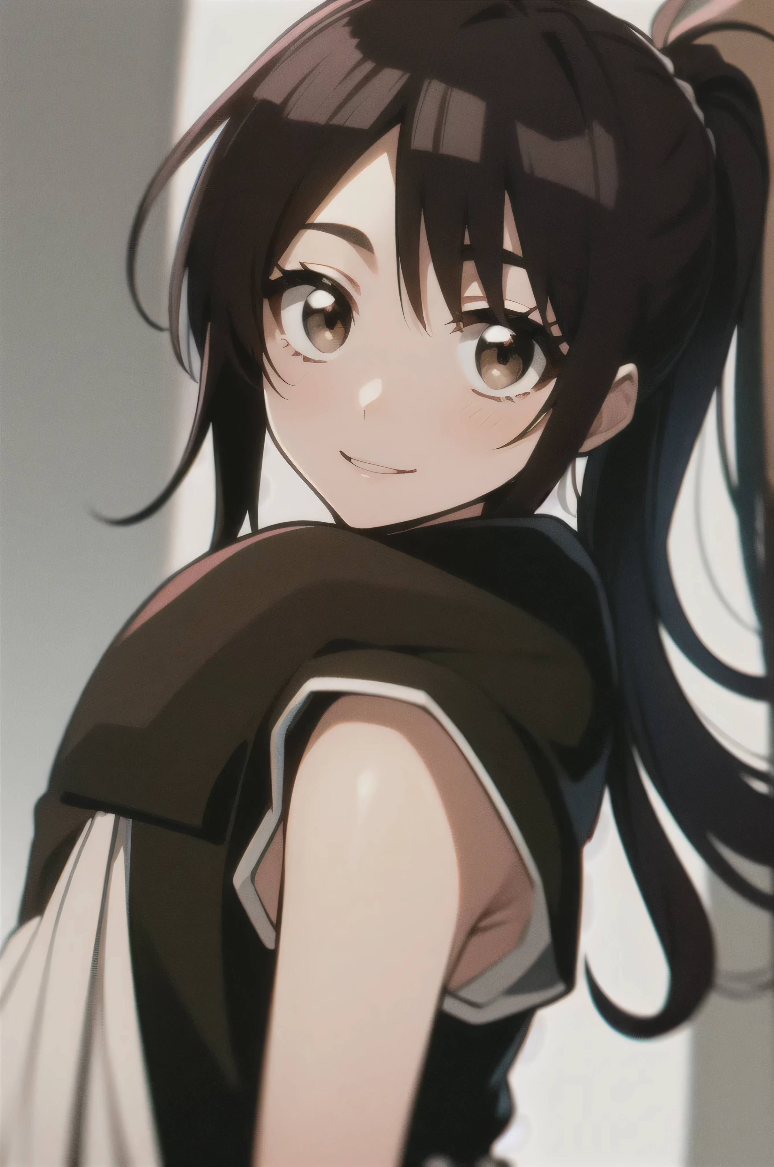 Masterpiece, best quality ,
from the side 1 girl , romantic love, black hair, ponytail, Van Cover, brown eyes, kimono, Black Hakama, black kimono ,I'm wearing a white sleeveless coat
smiling, Alone, is looking, simple background, white background