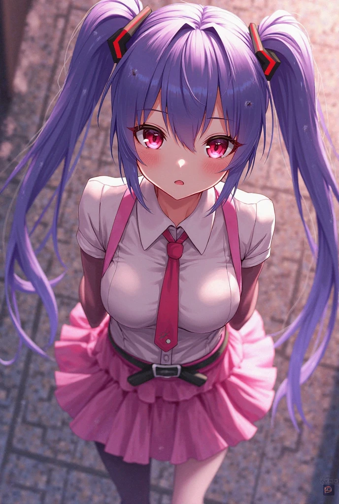 (masterpiece, best quality), intricate details, 1girl, <lora:HoshinoAi_v9-000007:0.8>, Hoshino Ai, blush, naughty smile, long hair, purple hair, streaked hair ,purple eyes, star-shaped pupils, hair ornament, (unbuttoned shirt, open shirt:1.3), wet, (wet shirt:1.5), (bra:1.4) closed mouth, (rain), indoors, school, (small breasts:1.3), (pleaded skirt), looking at viewer, navel,