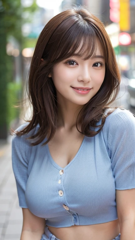 masterpiece,best quality,(Japanese ),((Beautiful girl)),cleavage,(perfect body beauty:1.2),(shy smile),beautiful teeth,(Blurred background of brick buildings),
