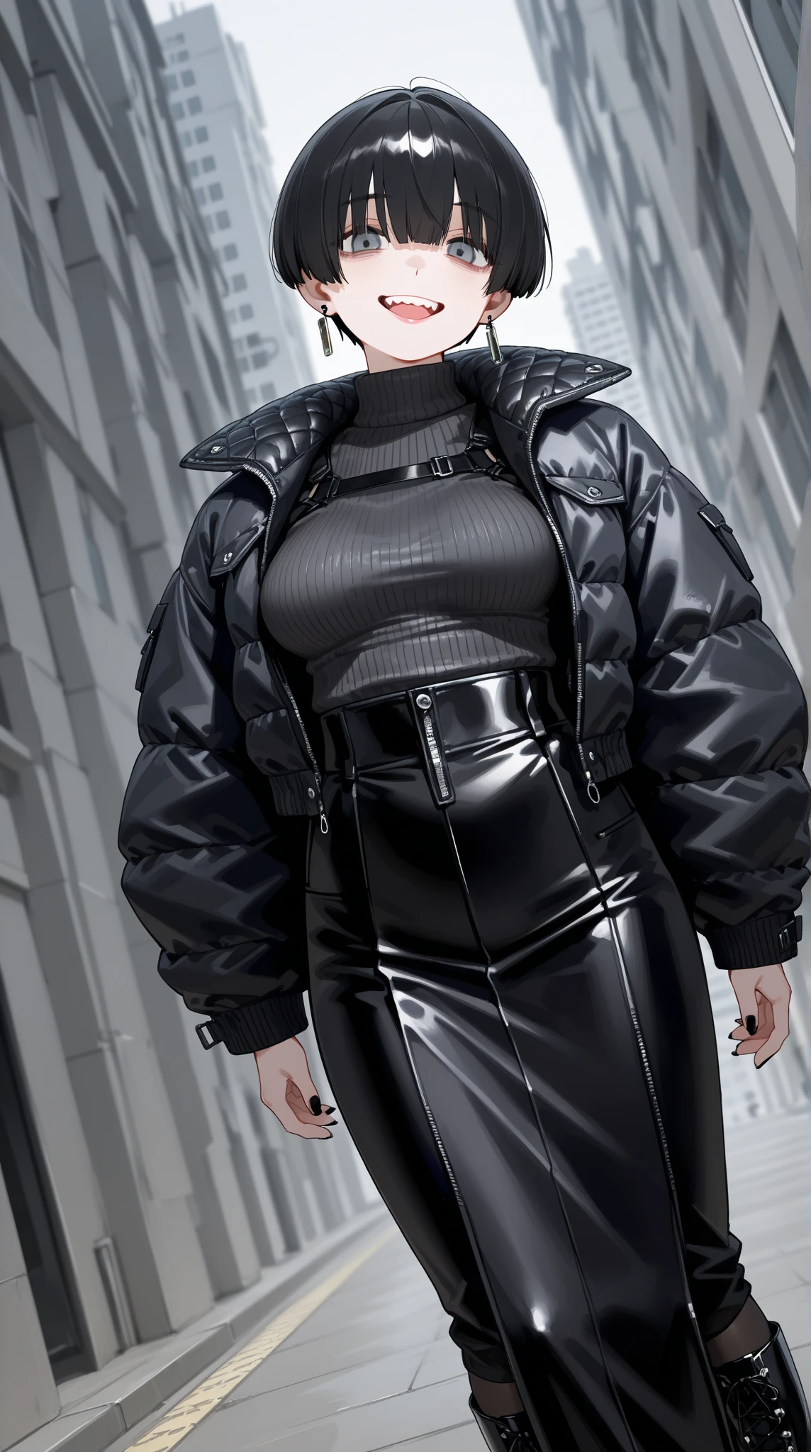 (((8k))),(Extremely detailed CG) ,(wallpaper),16K,(Extremely exquisite and beautiful），（masterpiece:2.0），（Best quality:2.0），（超high resolution：1.0），beautiful lights，Perfect Lightning，Realistic shadows，[high resolution],(Smooth and flawless fair skin:1.5),Extremely delicate facial details,(Perfect body：1.1),Super detailed,A beautiful girl,Small head,(Black cap),Small face,Clear face,(Glowing skin:1.5),(Pale skin),Red lips,((Shoulder-length hair)),((Black straight bob)),(Small Breasts:1.1),flat chest，Slim，Thin，Smile,Happy,(Black puffy jacket:1.3),(Under the coat is a black hip-hugging dress mini skirt),(Long legs:1.2),(Sheer black suspenders:1.2),(High heel:1.1),(cloudy:1.5),Dim Lights,(permanent:1.5),High-rise buildings,On the commercial street,(whole body:1.2),From the front,(rain:1.5),winter,Day scene,(Close shot:1.2),(Cowboy shooting:1.2),(Snow and mud on the ground),frog,haze,(Wet hair and clothes:1.5)