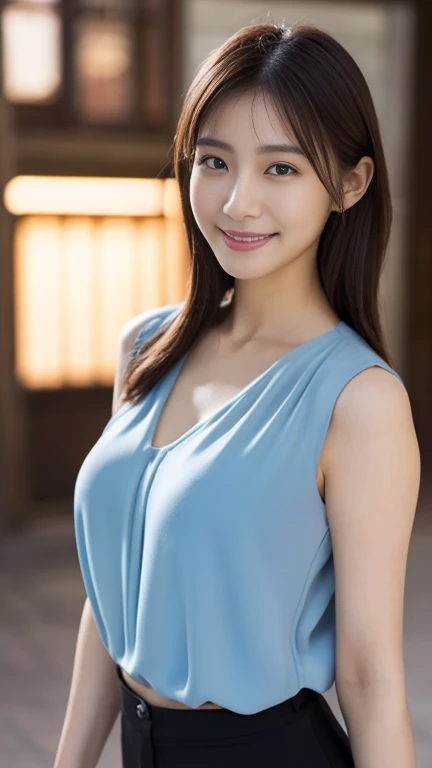 Highest quality, Aster Piece, 8K, Ultra-high resolution, (Photorealistic:1.4), One Girl, Beautiful expression, Symmetrical eyes, Skinny Japanese woman, 30 years old, Small breasts, Narrow waist, High school uniform, Look at the viewers, (Inside the hotel:1.2), View from the front, shoulder, Absolute area(1.3), Laughter,