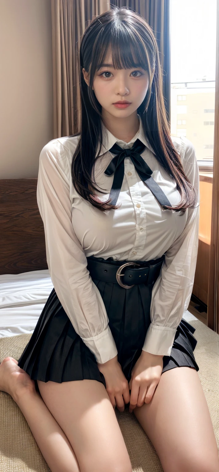 masterpiece, highest quality, best quality, 1girl, solo, looking at viewer, , tezuka rin, (armless amputee:1.2), brown hair, collar, collared shirt, (double amputee:1.2), green eyes, katawa shoujo, red necktie, shirt, short hair, solo, white shirt, lozhkin, grin, accurate teeth with gaps