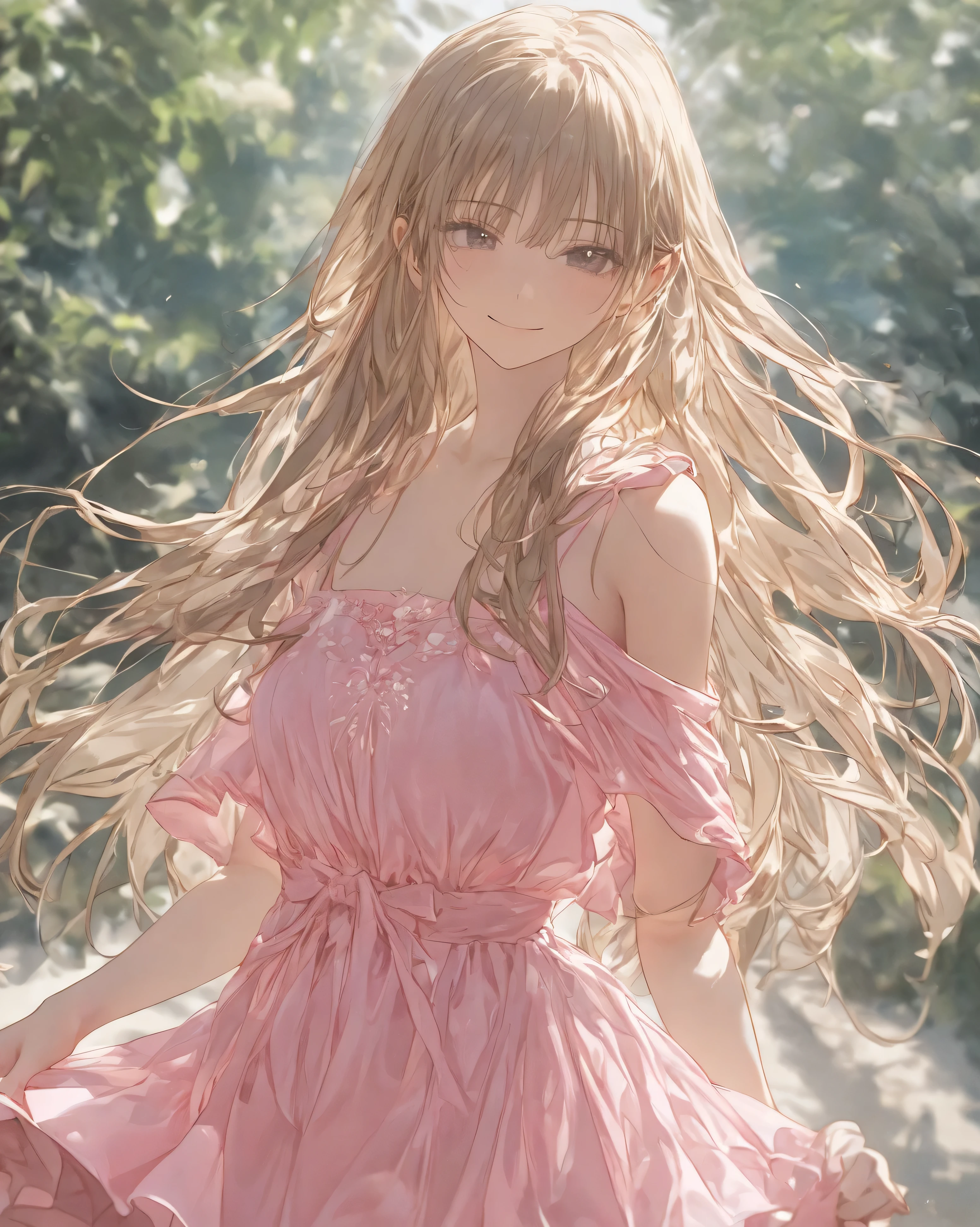 girl who emits red laser light from her eyes、 nature park 、Clear skies、masterpiece, anatomically correct, accurate, 多数の賞を受賞, highest quality, Details, High details, (((pink spring dress)))、(masterpiece, top quality, very beautiful、complicated、4K、 illustration ),(cowboy shot),(hair fluttering in the wind)、(Smile lightly),(cute)、( attractive)、(Ethereal and beautiful),(head tilt),( slim),Fine Details, girl,alone,(Radiant and gentle girl)、beige long hair 、high definition, quality, very detailed, Ultra-fine, textured skin, , high definition model,