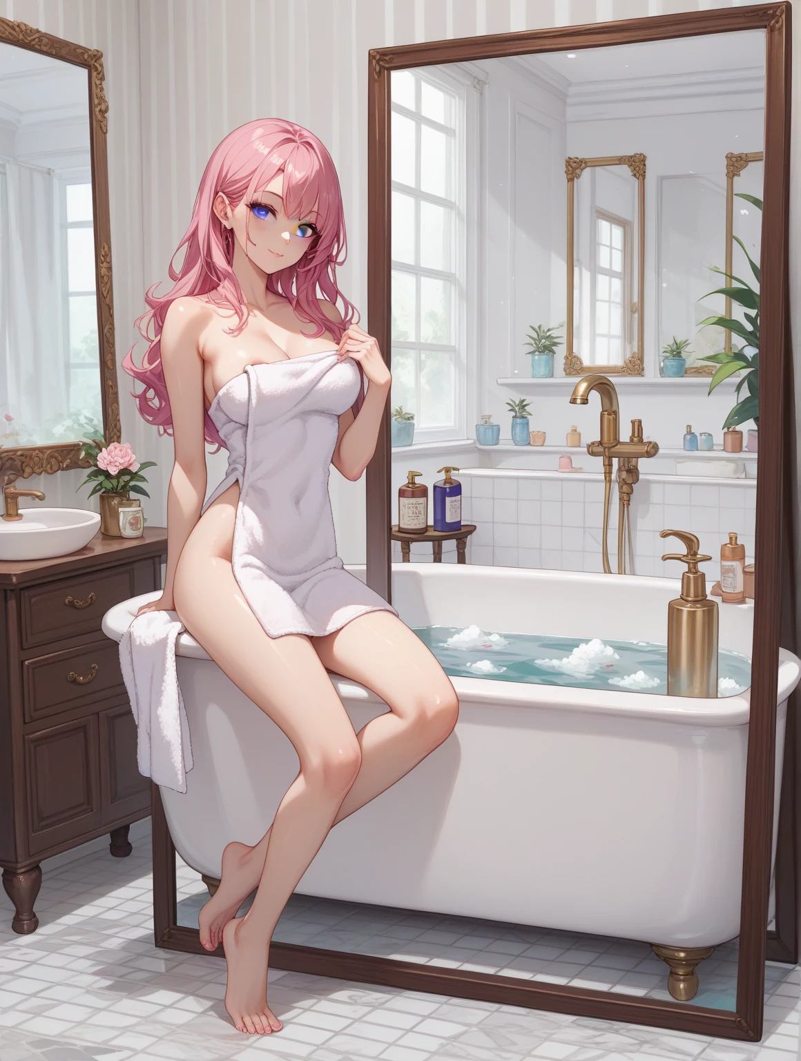 ((Sajuna Inui from そのビスクドールは恋をする)), 1littlegirl, (solo), ((small tits)), 14yo, lightpink middle hair, twintail, ((blunt bangs)), red eyes, laugh, Detailed drawing, Blur, full body shot, ((no panties)), bathroom,