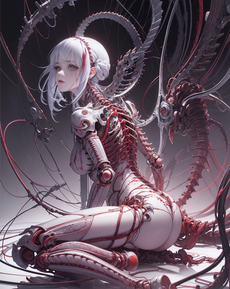 (((masterpiece))), ((highest quality)), (Super detailed), (CG illustration), (So evil and beautiful)), Cinematic Light, ((1 mechanical woman)), single, (Mechanical Arts: 1.4), ((Mechanical Limbs)), (Blood vessel attached to a tube), ((Mechanical wings attached to the back)), ((Mechanical cervical spine attached to the neck), (Back to viewers)), Wicked Smile, ( Wires and cables connected to the head and torso: 1.5), SF, Apocalypse, Remains, (Lower body integrated with mechanical device), (Blood: 1.5), Cruelty, Disorganized, Erotic and grotesque, Integration with machines, The End Times, Super Future, (Beautiful luxury: 1.2), (1 girl: 1.3)