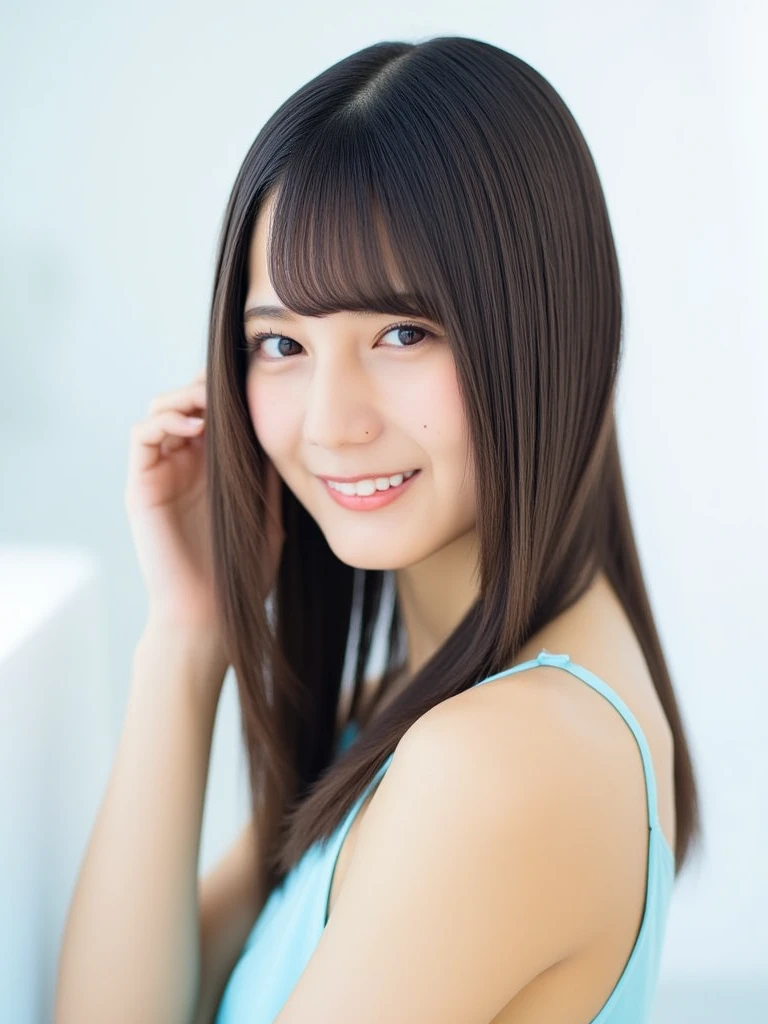 (Highest quality、Tabletop、8K、Best image quality、Award-winning works)、1. pretty girl、T-Shirts、Perfect girl portrait photo、Glowing Skin、Brown Hair、Large Breasts、Accentuate your body lines、Standing Elegantly、(Face close-up:1.1)、Woman looking up at me、Cute Smile、(The simplest solid white background:1.5)、(Glowing White Skin:1.3)、(Very light skin:1.3)