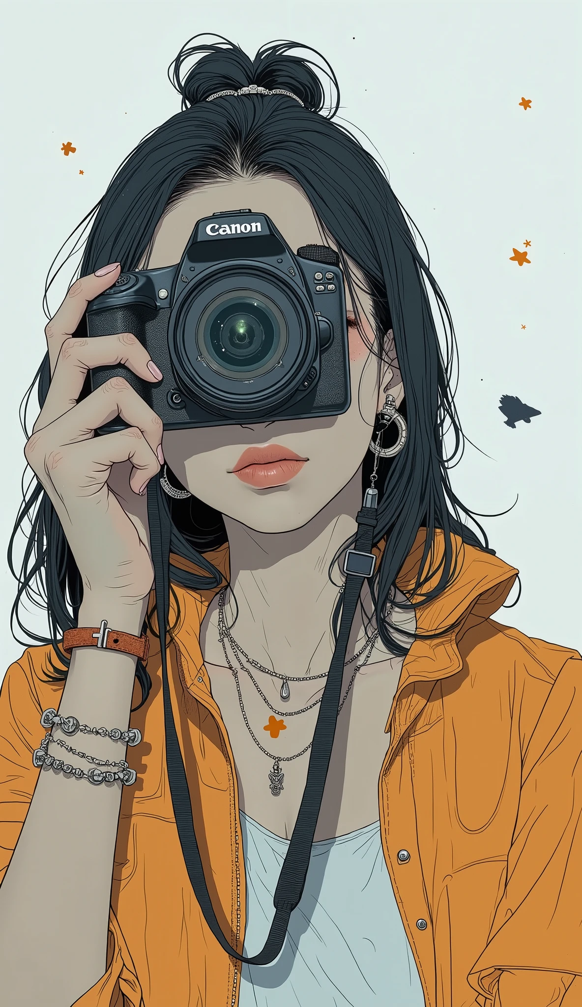 Person holding up a CANON camera with both hands facing up, pictures撮影 style, pictures撮影 ), pictures撮影 hight quality, hand pictures撮影, pictures撮影], pictures, Photography,  waving to camera ,  looking up at the camera at her, artistic pictures撮影, pictures, great pictures撮影,  looking up at the camera, low angle pictures撮影, holding a camera, artsy pictures撮影, modern pictures撮影