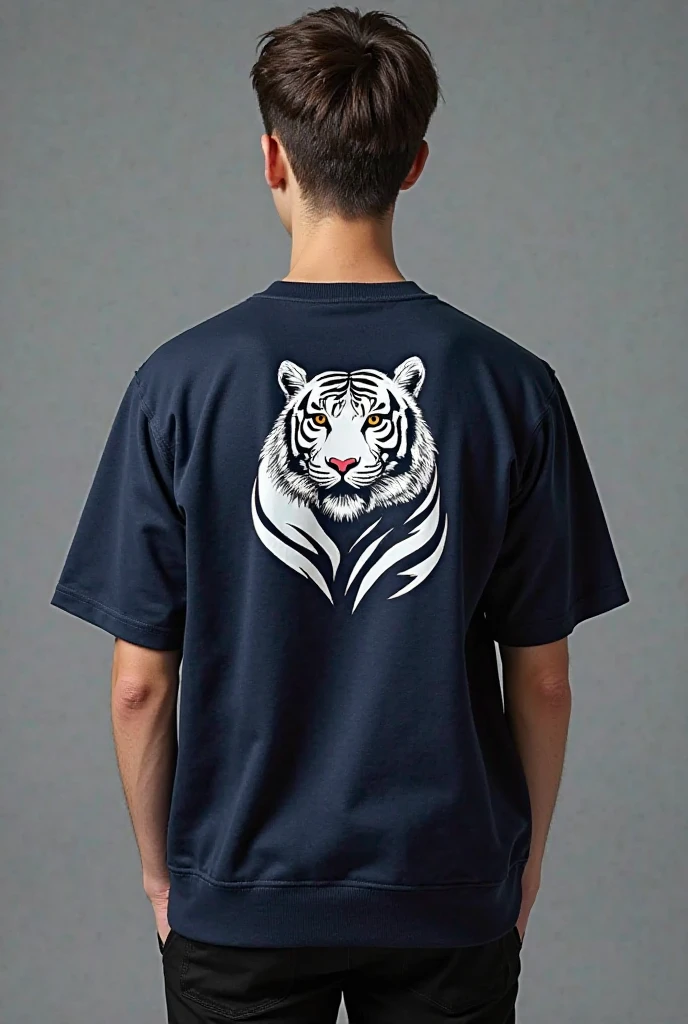 (1 boy) , 16-year-old ,(blonde haired all back), smile, pearlescent skin, Gold Necklace, (T-shirt with tiger face printed on it),(extra wide-long t-shirt), white tiger pants, front view, On the beach in the daytime